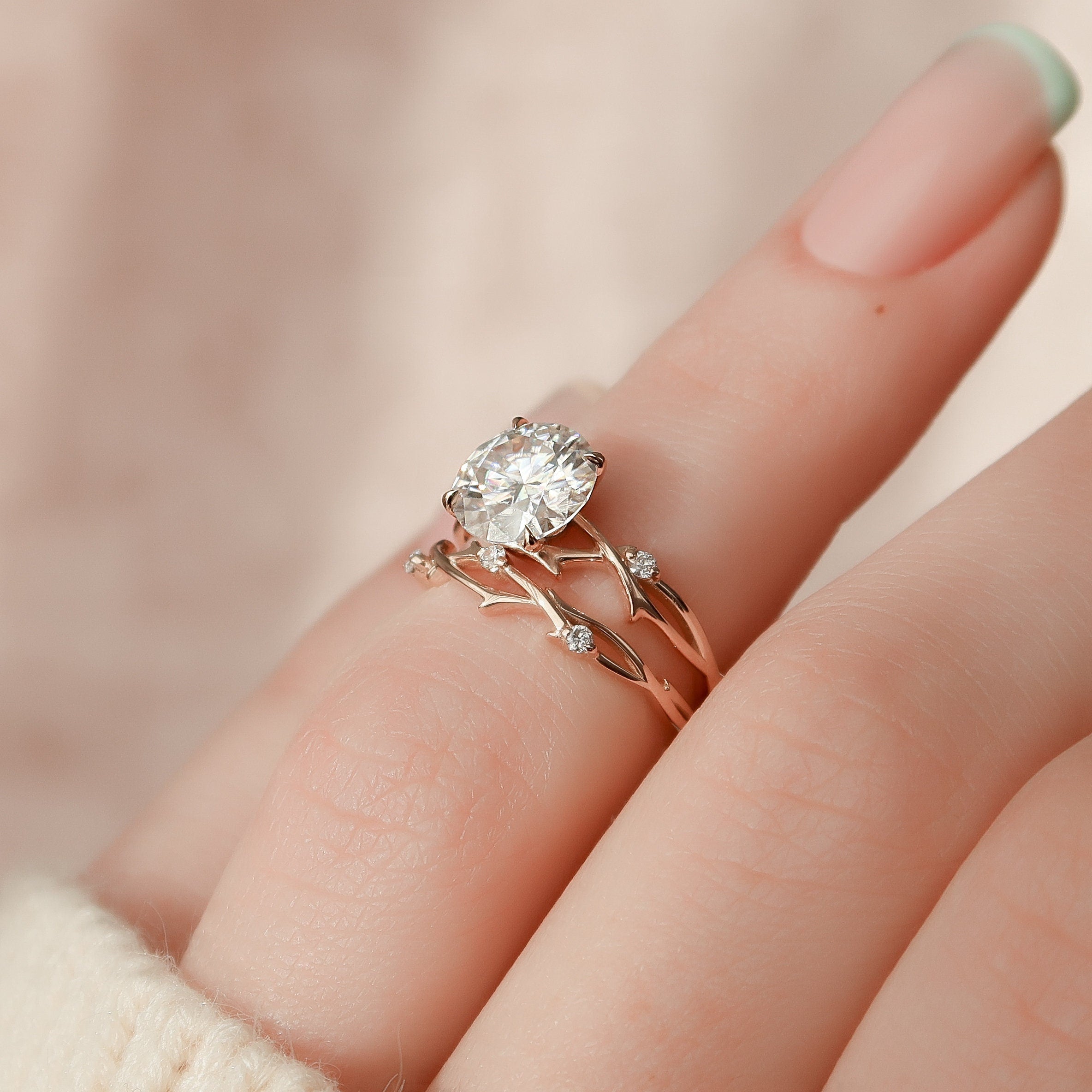 2.0 CT Round Cut Twig Pave Setting Moissanite Engagement Ring - crownmoissanite
