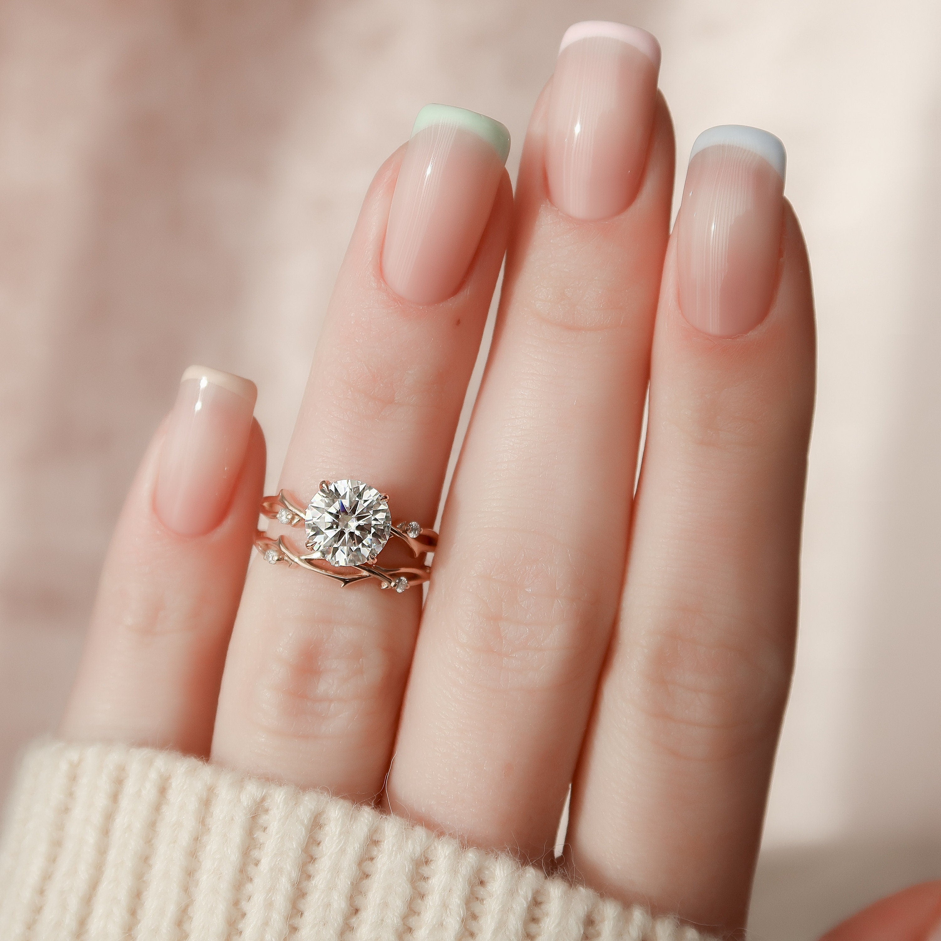 2.0 CT Round Cut Twig Pave Setting Moissanite Engagement Ring - crownmoissanite