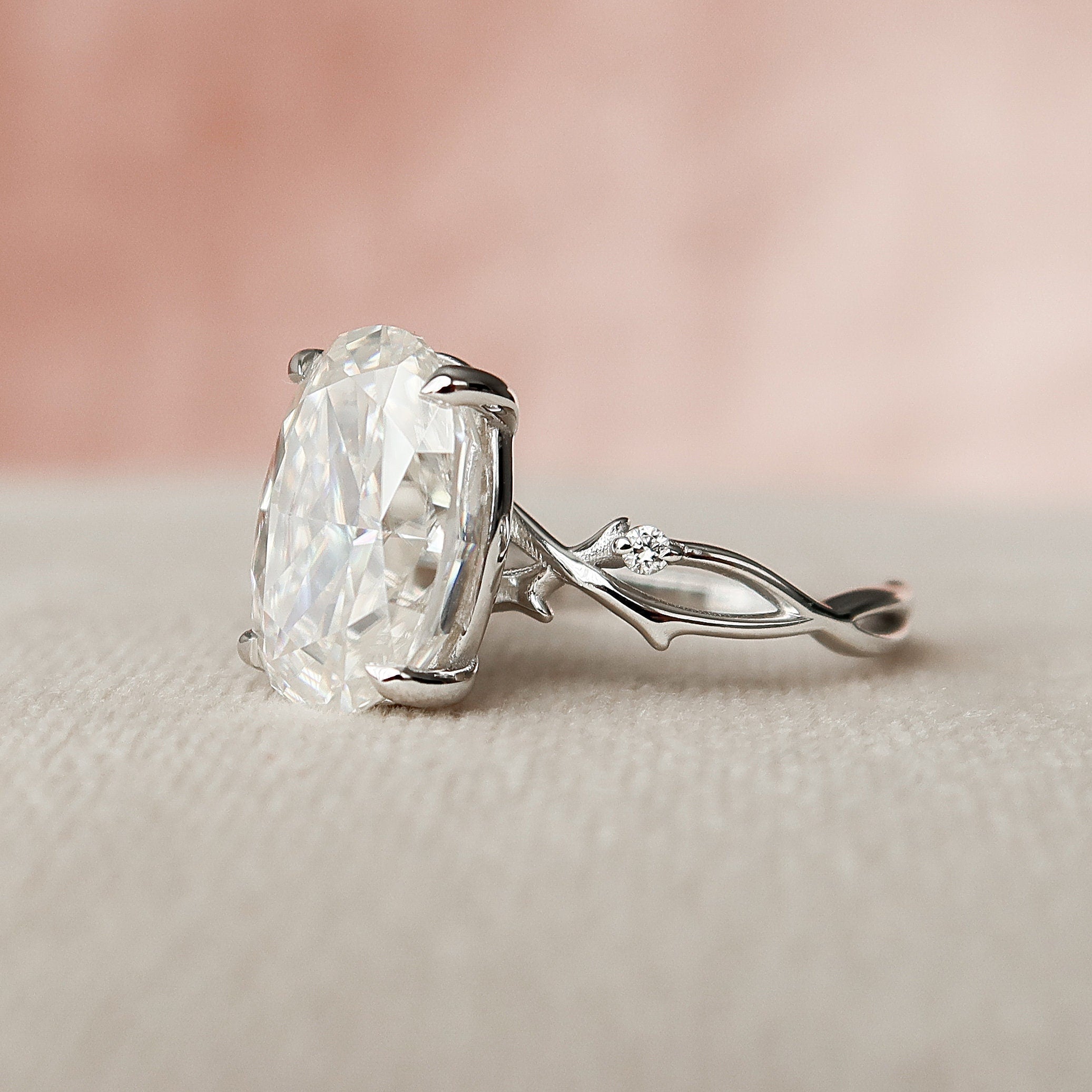 3.5 CT Oval Cut Solitaire & Twig Pave Moissanite Engagement Ring - crownmoissanite