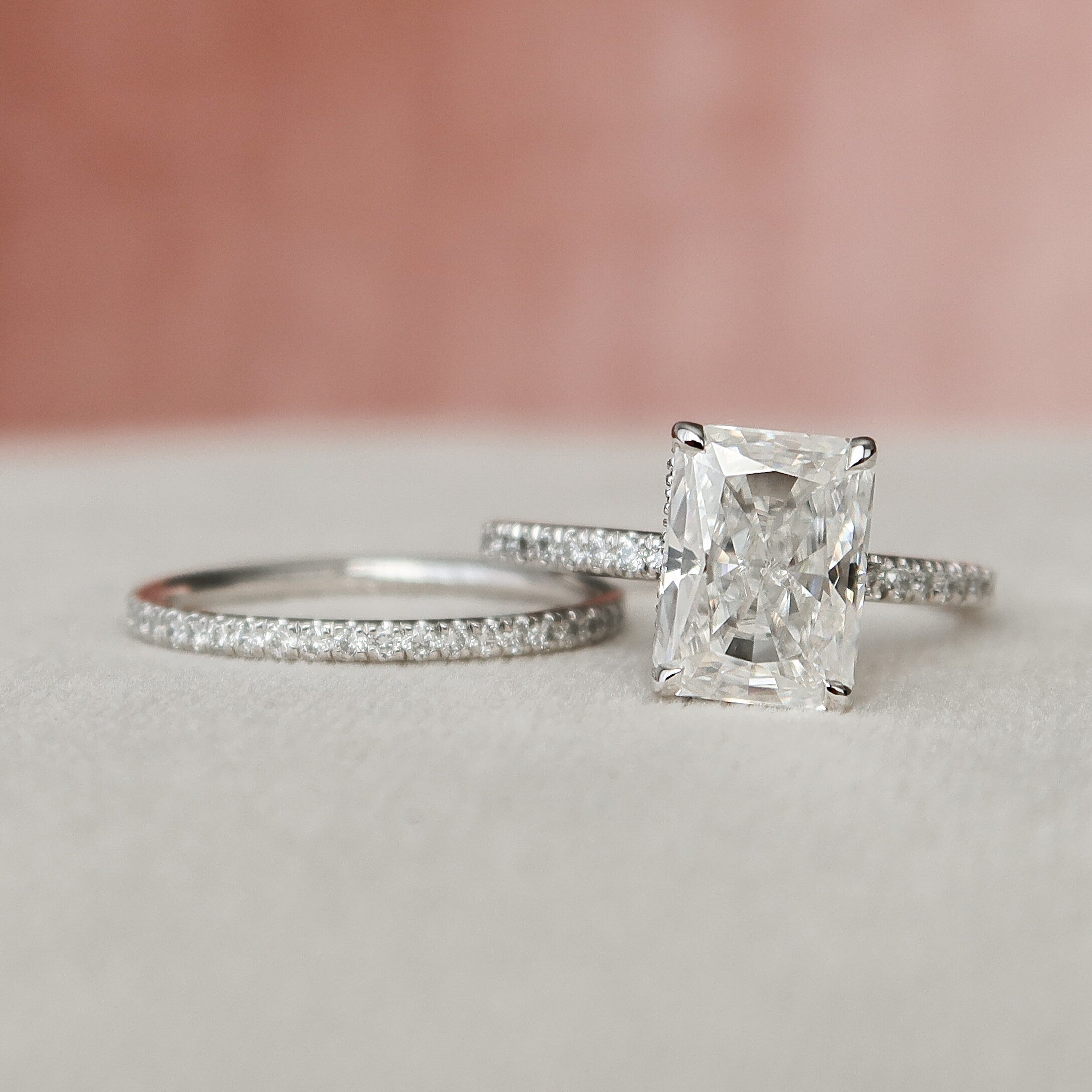 1.0 -3.0 CT Radiant Cut Hidden Halo Moissanite Bridal Ring Set - crownmoissanite