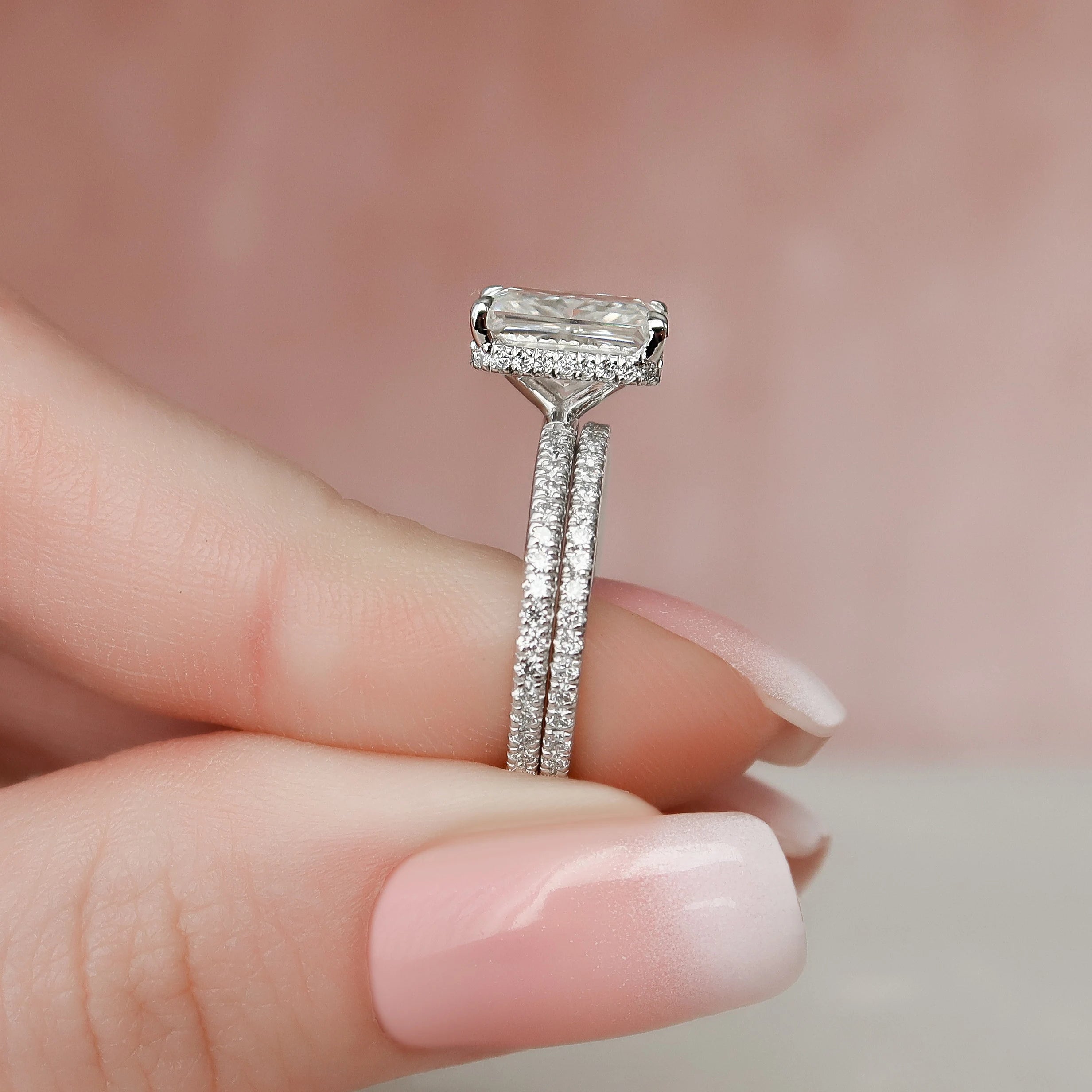 1.0 -3.0 CT Radiant Cut Hidden Halo Moissanite Bridal Ring Set - crownmoissanite