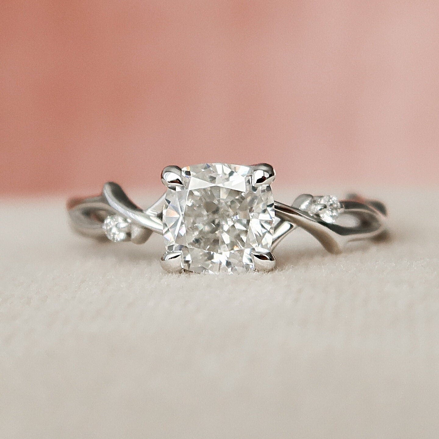 1.0 CT Cushion Shaped Moissanite Twig Style Engagement Ring - crownmoissanite