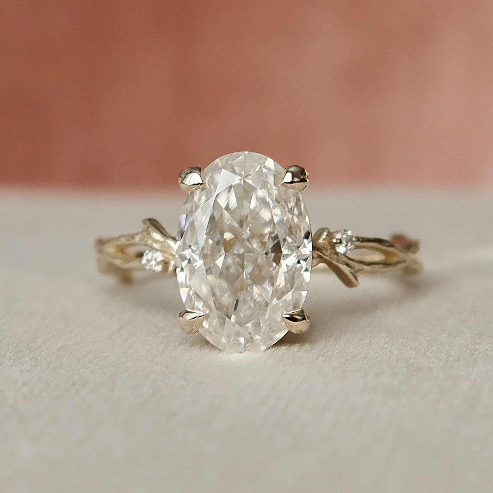 3.5 CT Oval Cut Solitaire & Twig Pave Moissanite Engagement Ring - crownmoissanite