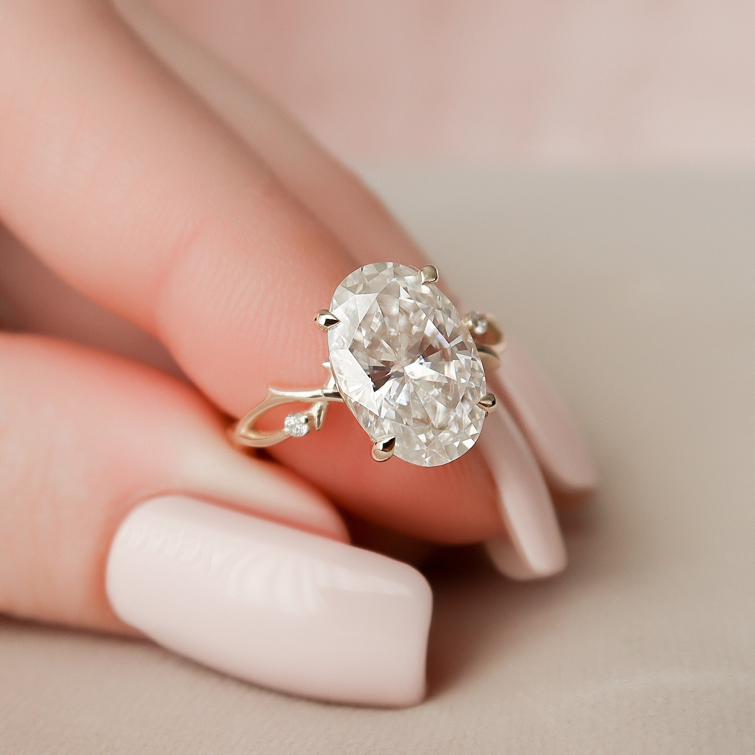 3.5 CT Oval Cut Solitaire & Twig Pave Moissanite Engagement Ring - crownmoissanite