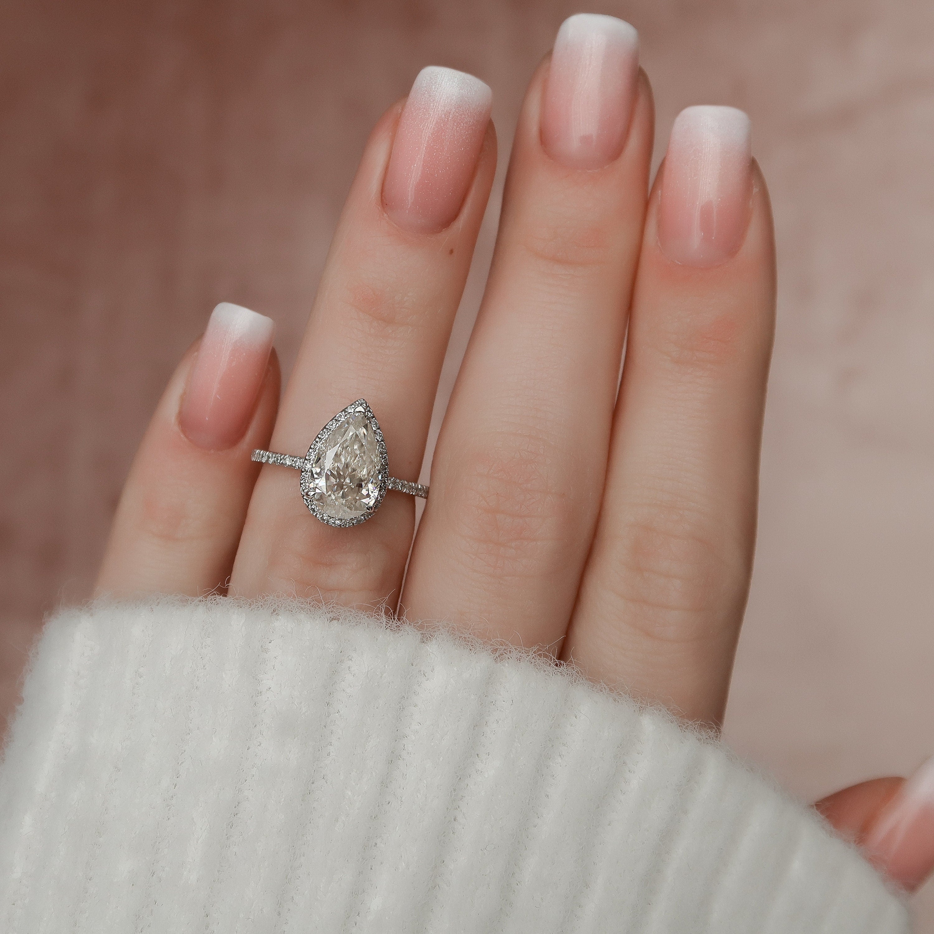 2.0 CT Pear Cut Halo & Pave Setting Moissanite Engagement Ring - crownmoissanite
