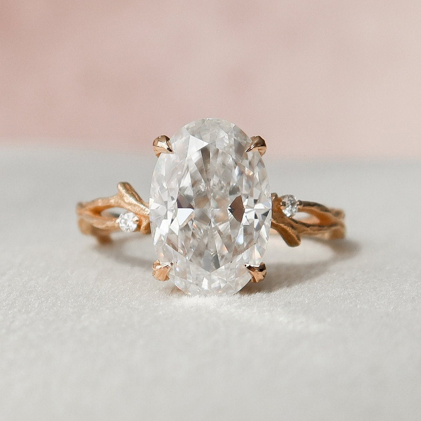 3.5 CT Oval Cut Solitaire & Twig Pave Moissanite Engagement Ring - crownmoissanite