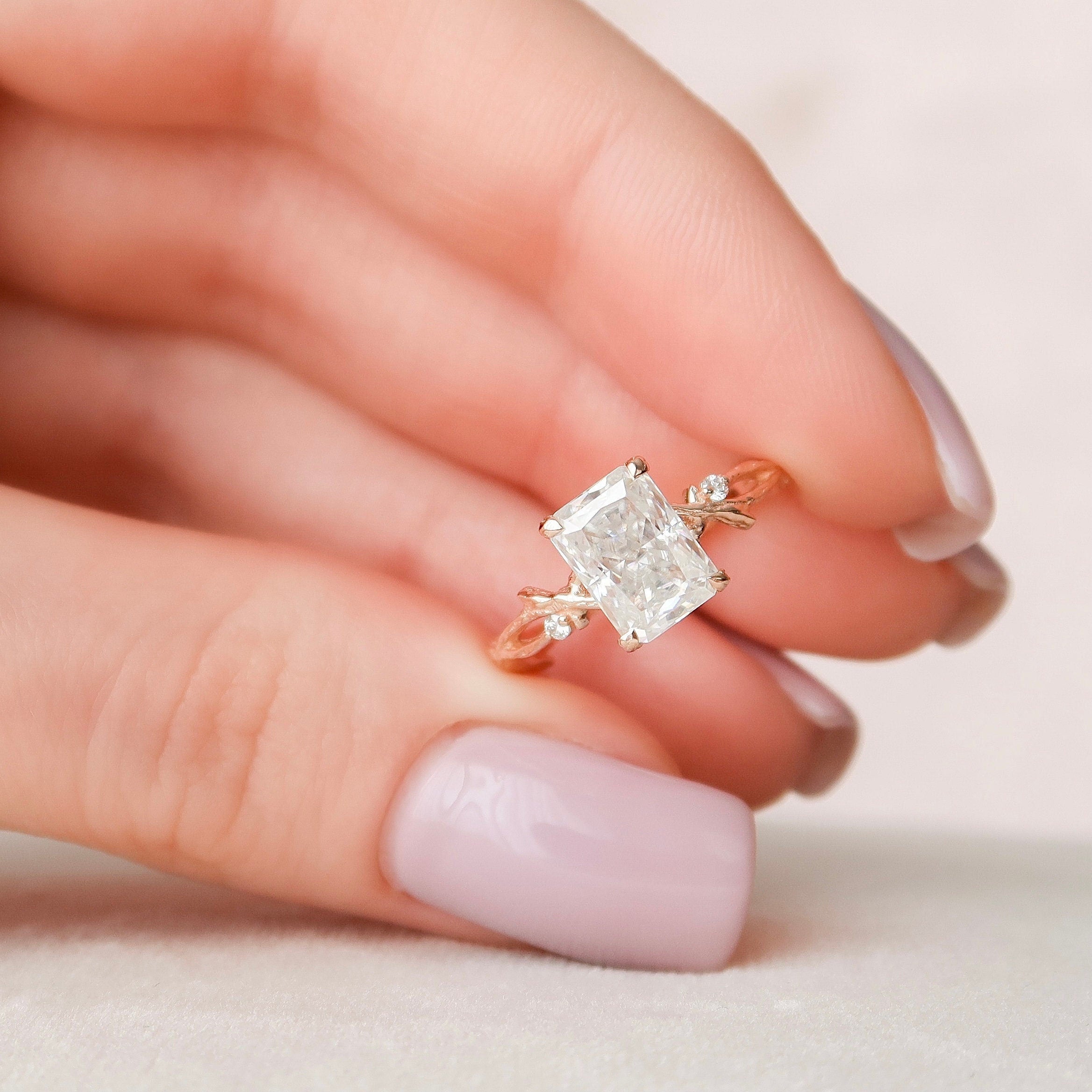 2.0 CT Radiant Solitaire & Twig Pave Moissanite Engagement Ring - crownmoissanite