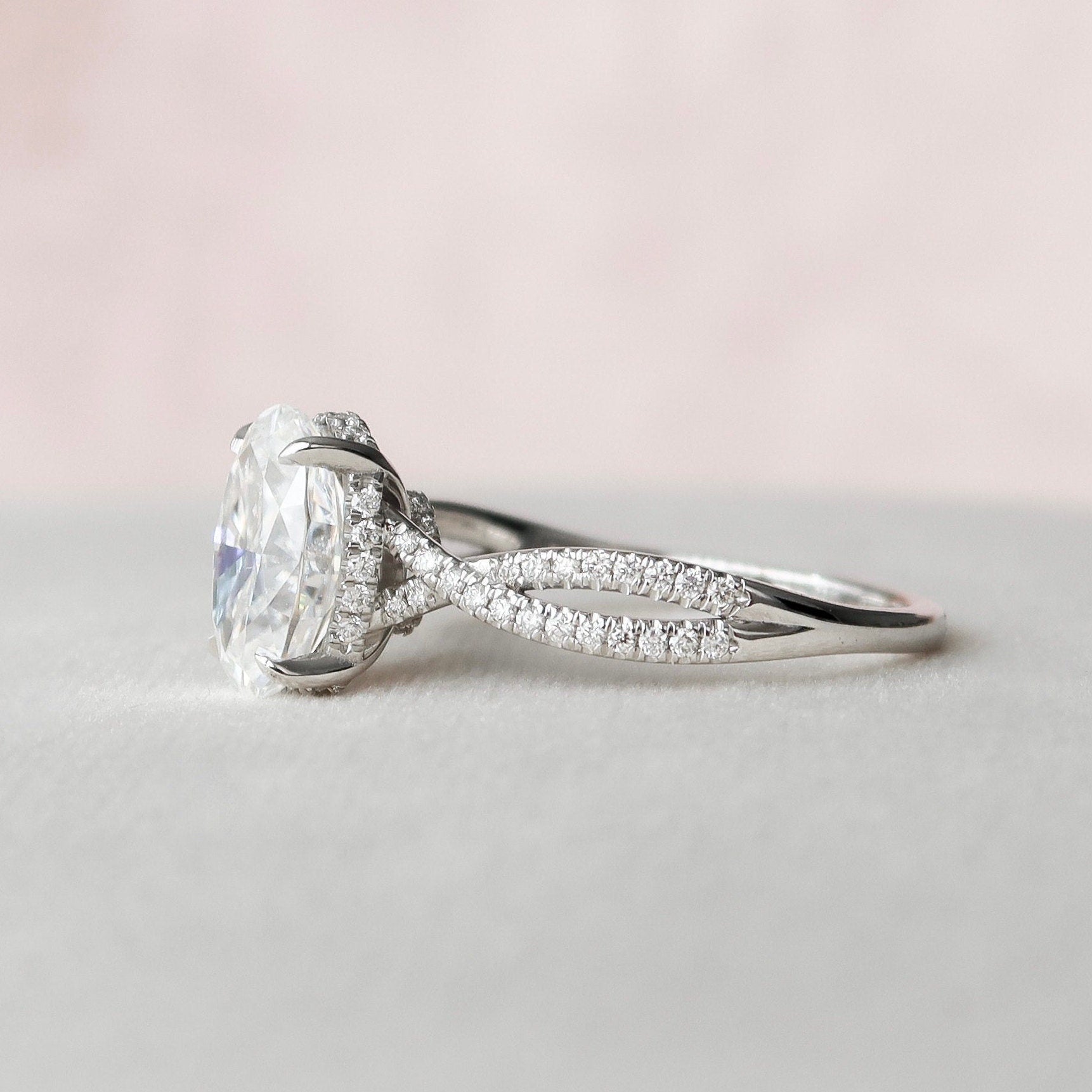3.0 CT Oval Cut Solitaire & Cross Over Pave Moissanite Engagement Ring - crownmoissanite