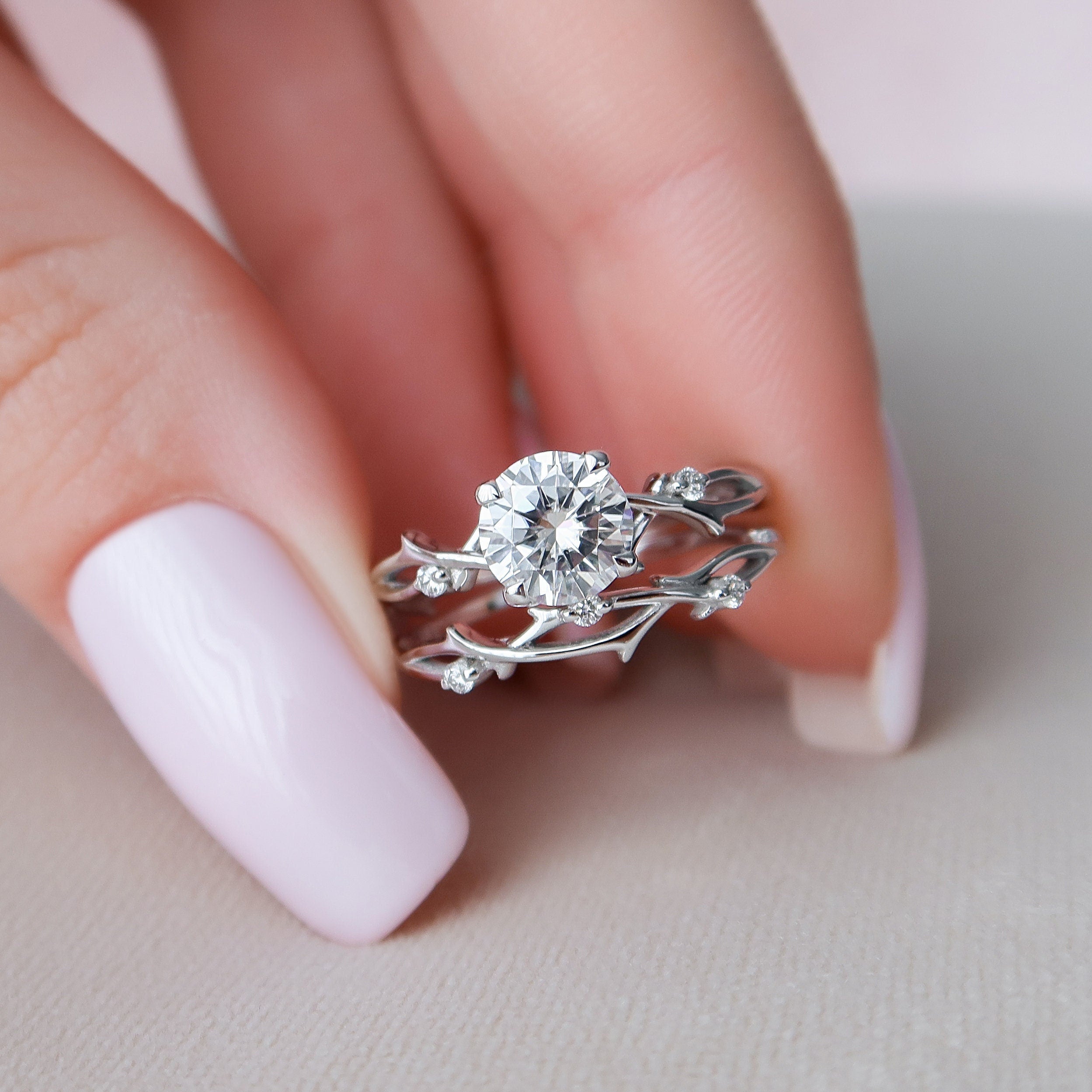 1.0 CT Round Twig Style Pave Moissanite Engagement Ring - crownmoissanite