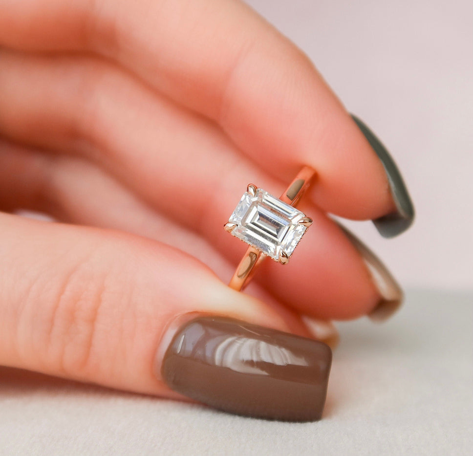 1.5 CT Emerald Solitaire & Hidden Halo Moissanite Engagement Ring - crownmoissanite