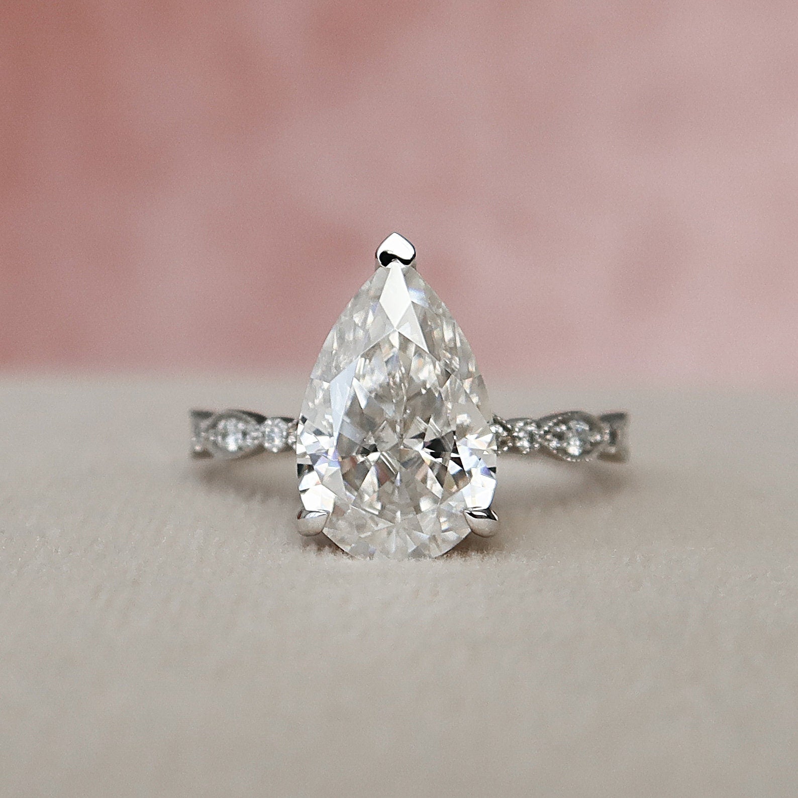 3.0 CT Pear Solitaire Milgrain Pave Moissanite Engagement Ring - crownmoissanite