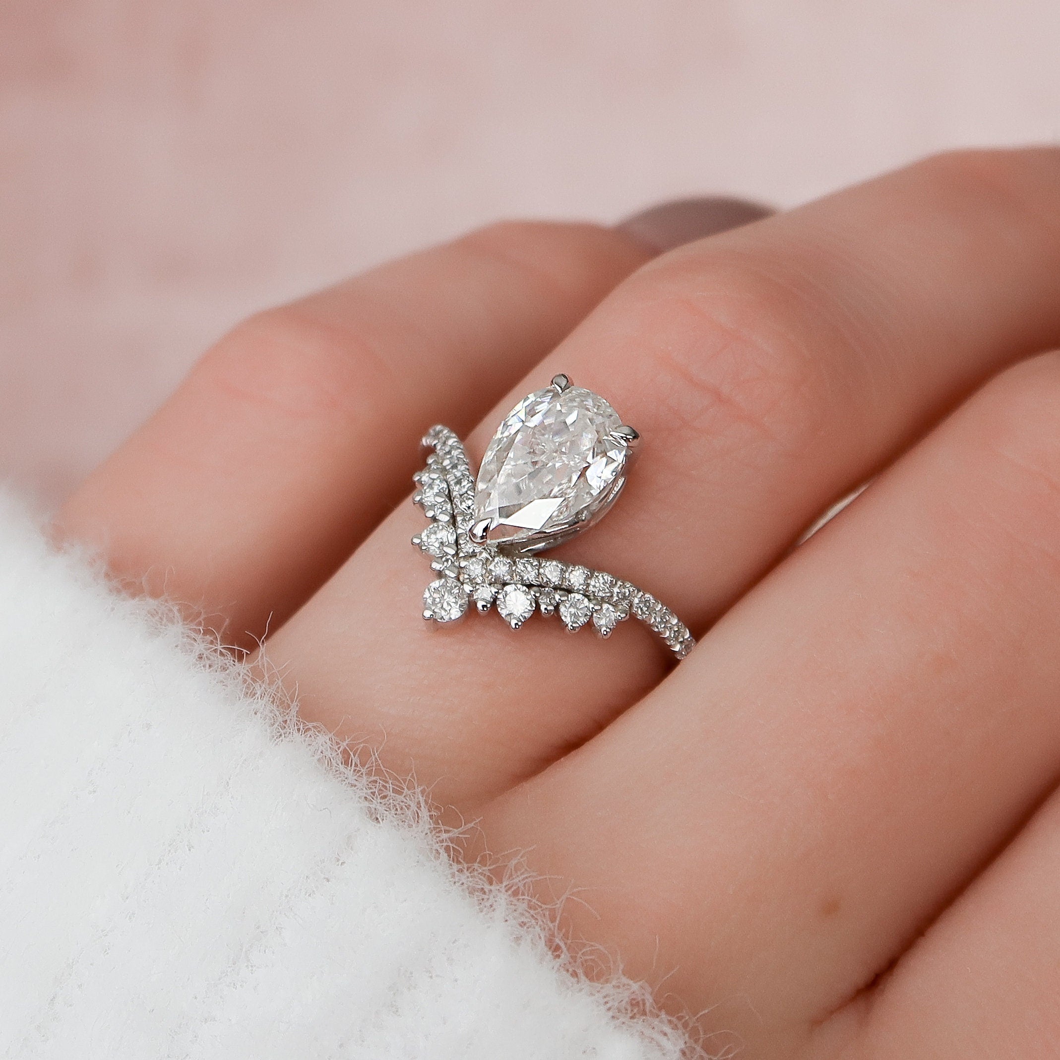1.5 CT Pear Shaped Moissanite Chevron Engagement Ring - crownmoissanite