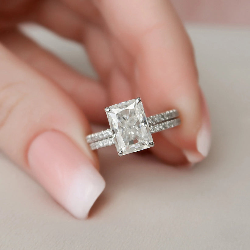 1.0 -3.0 CT Radiant Cut Hidden Halo Moissanite Bridal Ring Set - crownmoissanite