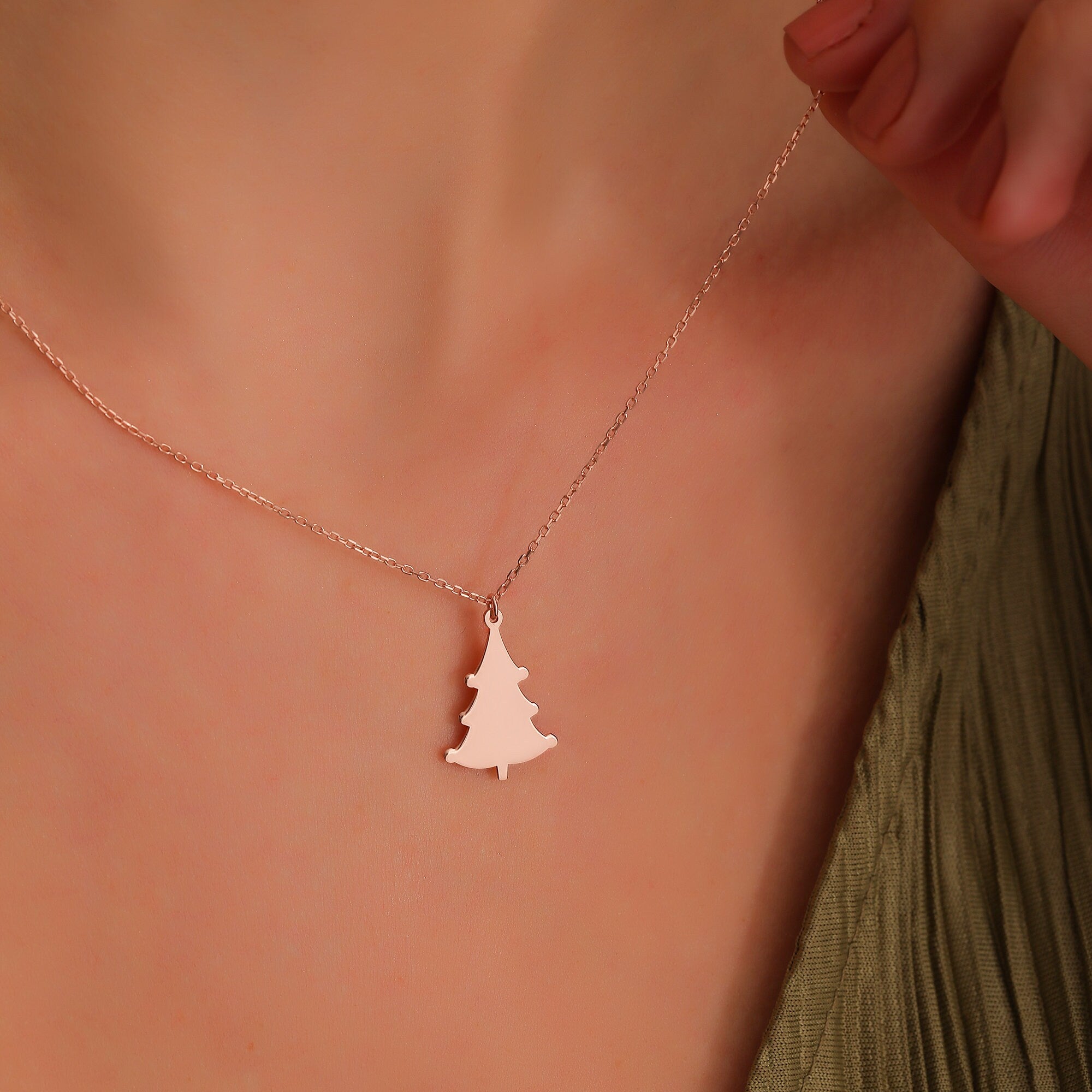 Solid Gold Plain Minimalist Xmas Tree Charm Pendant Necklace