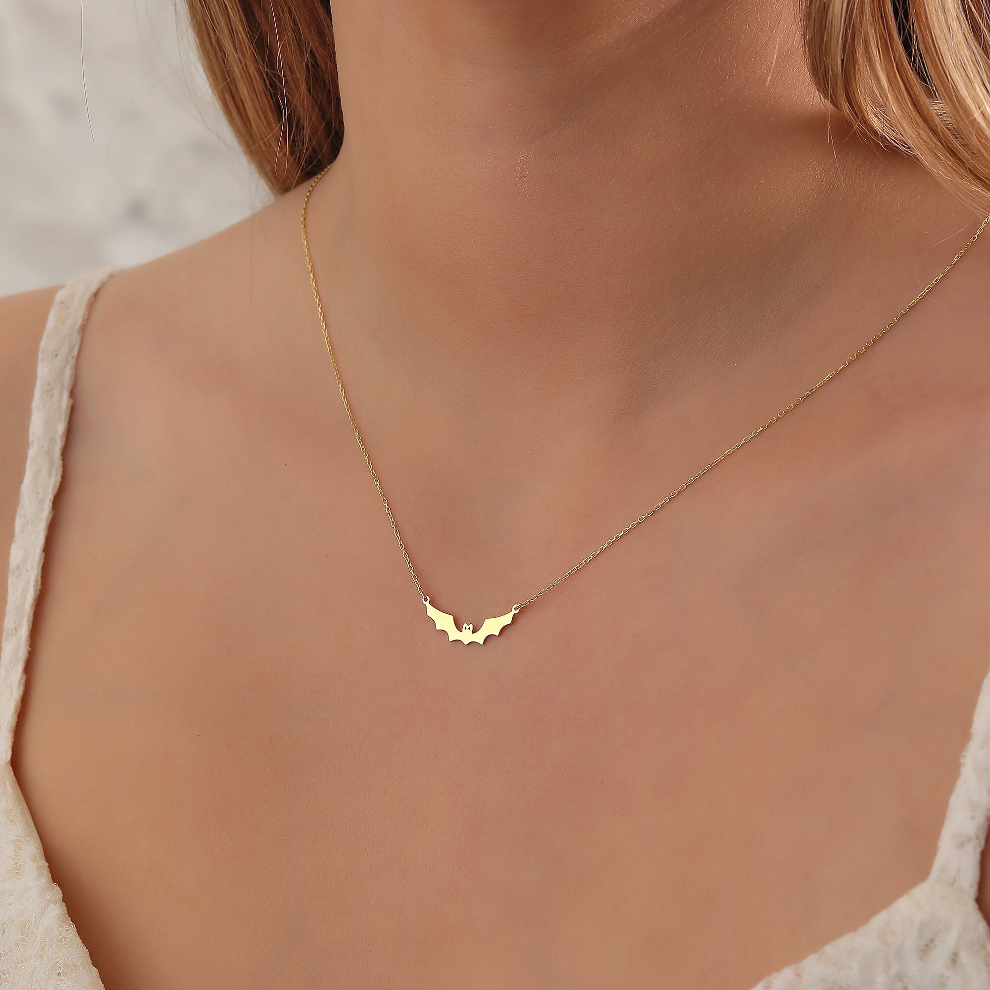 Solid Plain Gold Halloween Dainty Bat Pendant Necklace