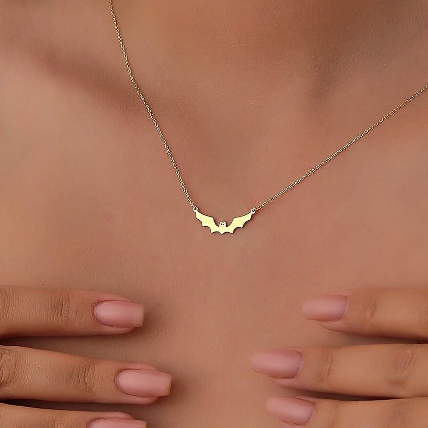 Solid Plain Gold Halloween Dainty Bat Pendant Necklace