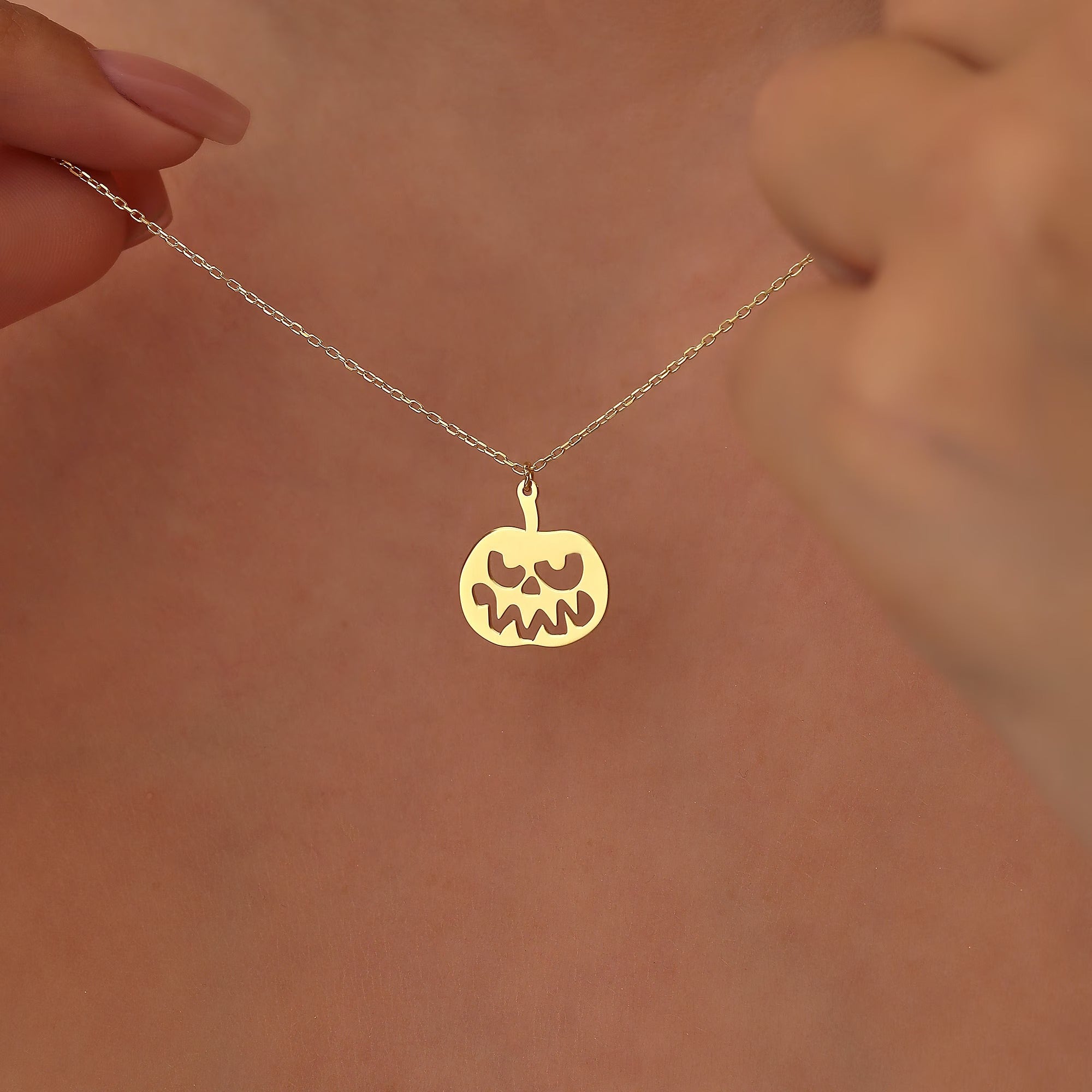 Solid Plain Gold Halloween Pumpkin Pendant Necklace