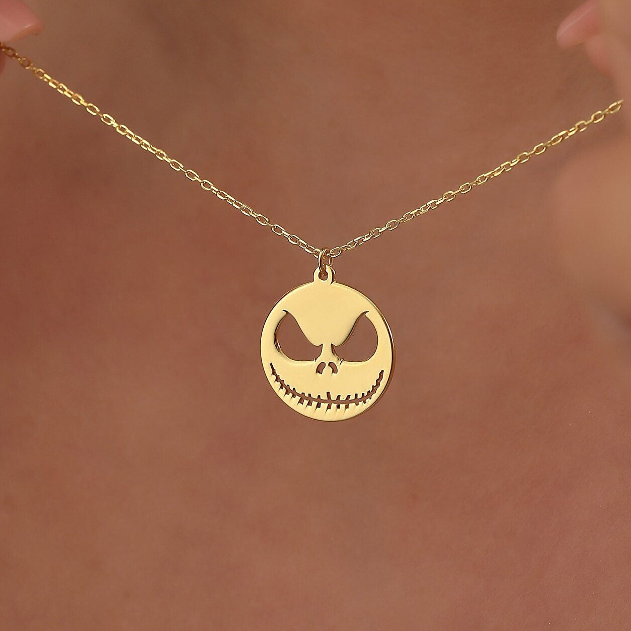Solid Plain Gold Halloween Skully Pendant Necklace