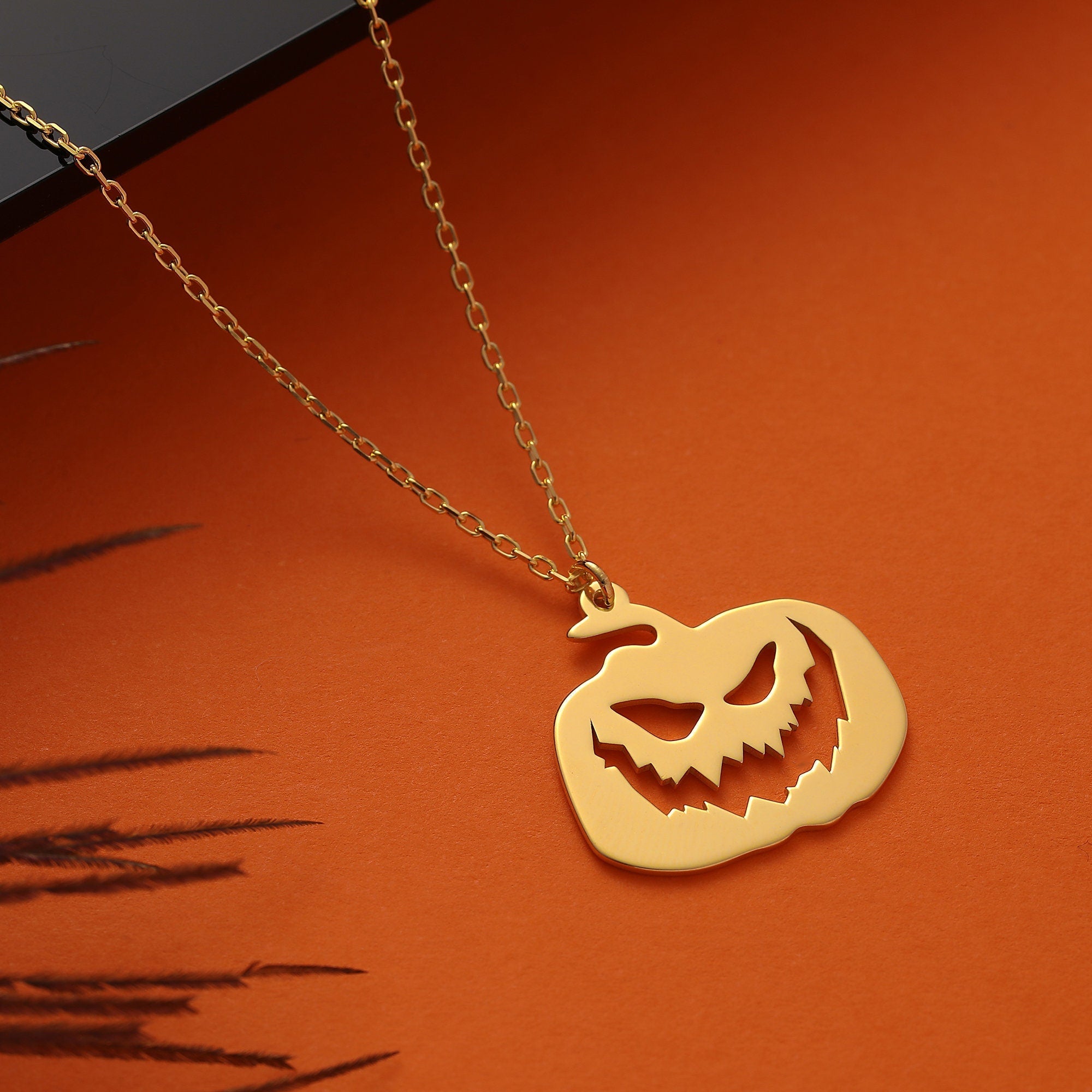 Solid Plain Gold Halloween Cute Pumpkin Pendant Necklace