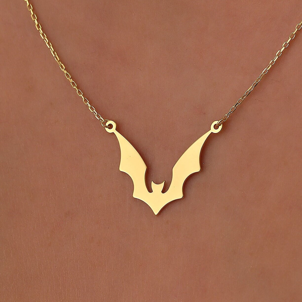 Solid Plain Gold Halloween Dainty Bat Pendant Necklace