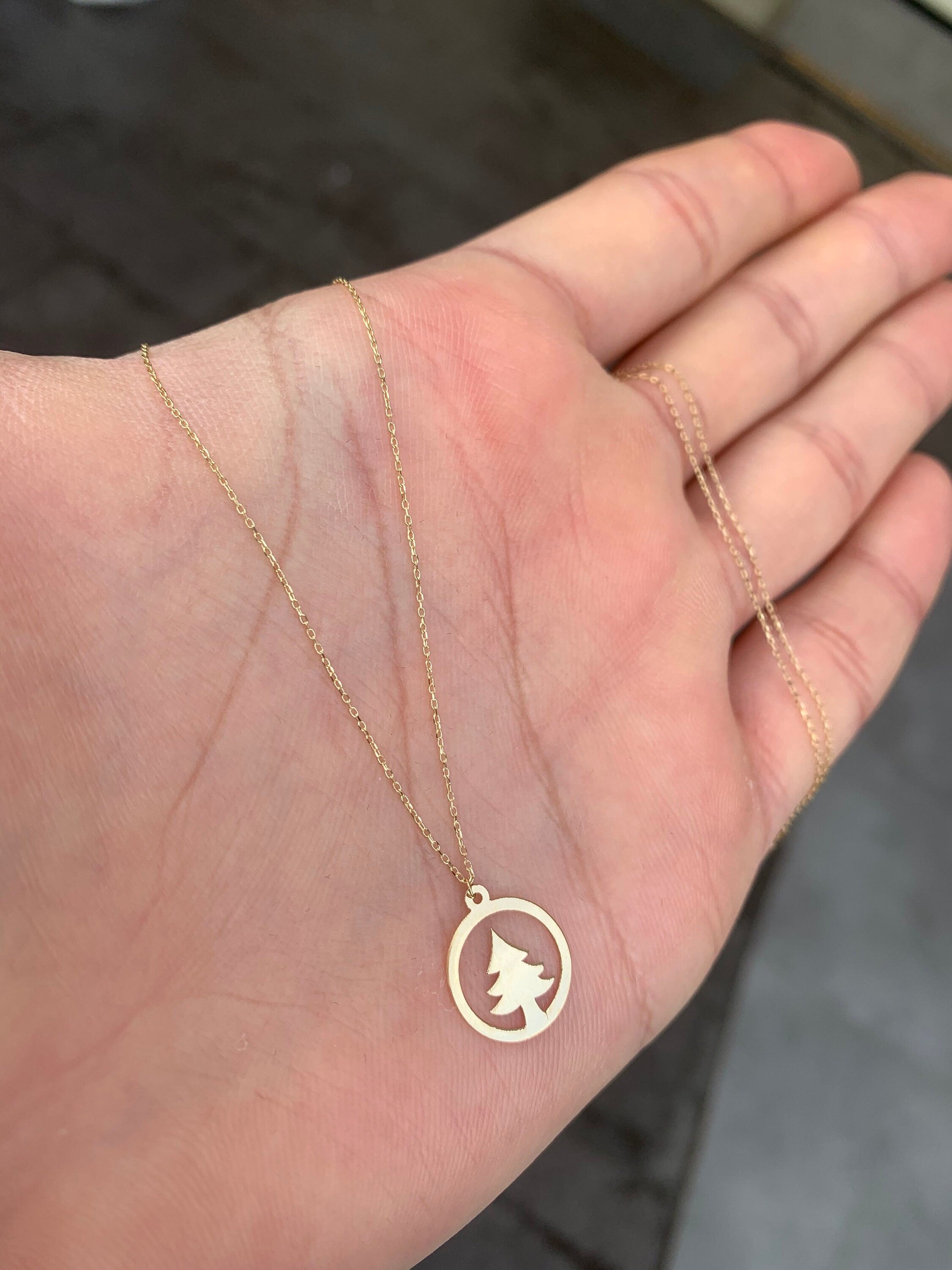 Solid Plain Gold Christmas Pine Tree Pendant Necklace