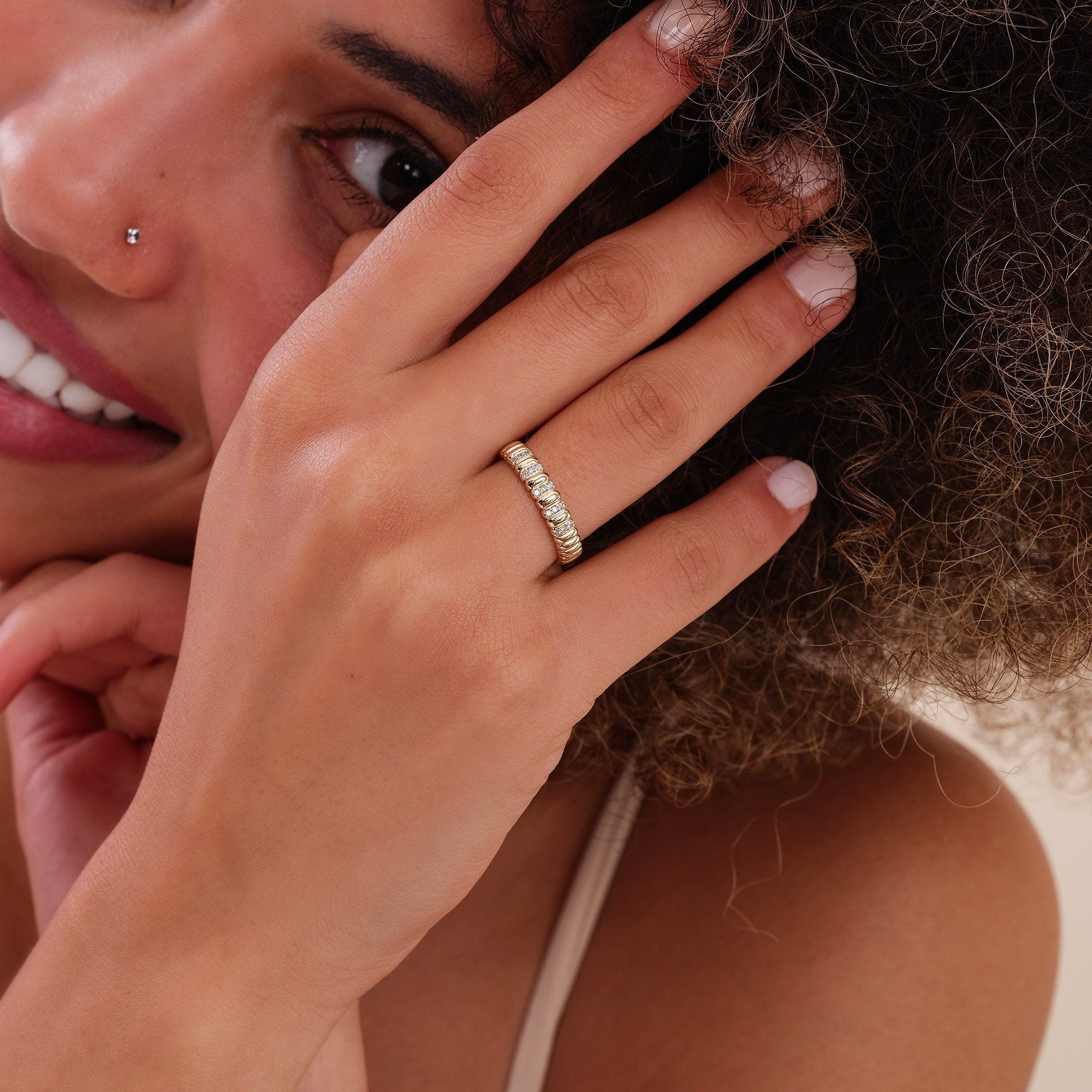 0.08 TCW Round Cut Half Eternity Unique Moissanite Wedding Band