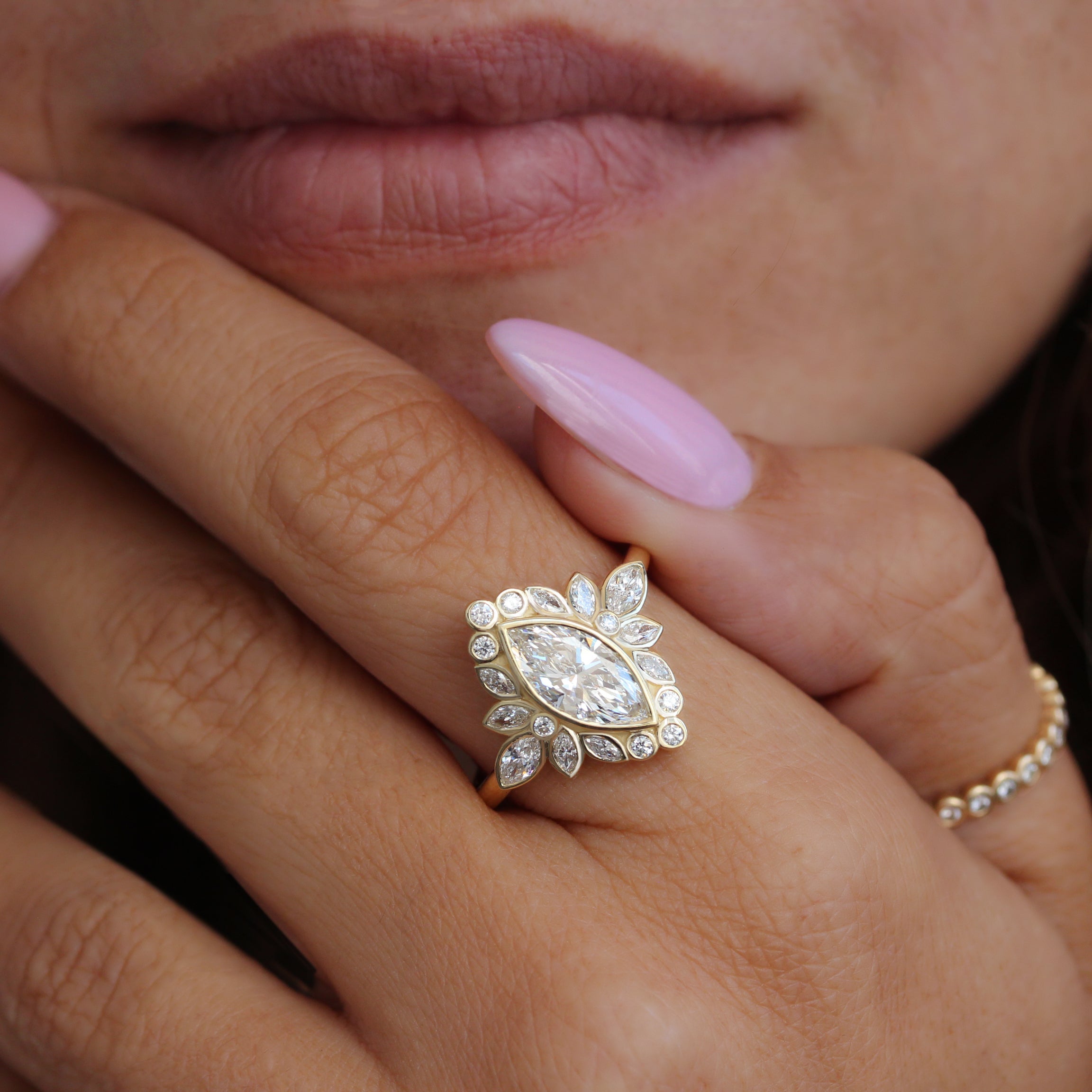 1.50 CT Marquise Moissanite Bezel Setting Unique Engagement Ring