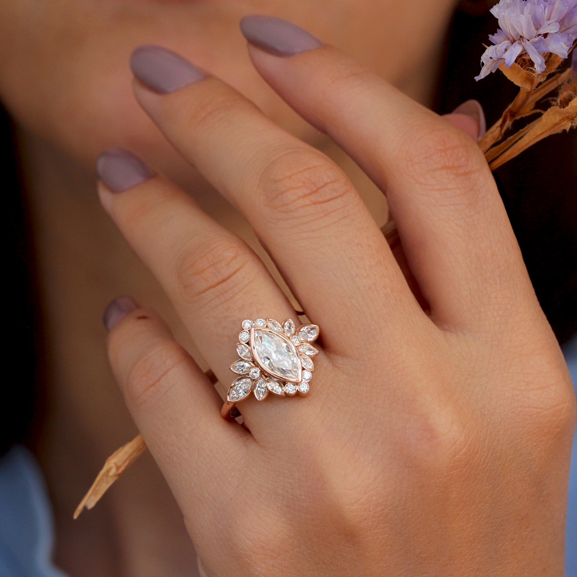 1.0 CT Marquise Moissanite Bezel Setting Unique Engagement Ring