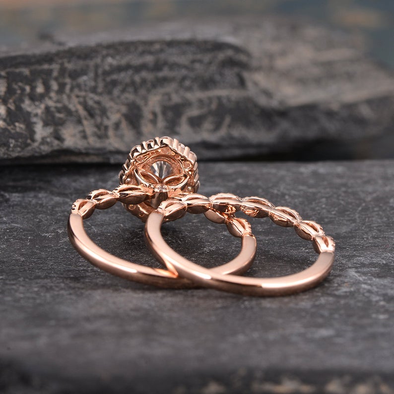 1.50 CT Oval Shaped Moissanite Halo Bridal Ring Set - crownmoissanite