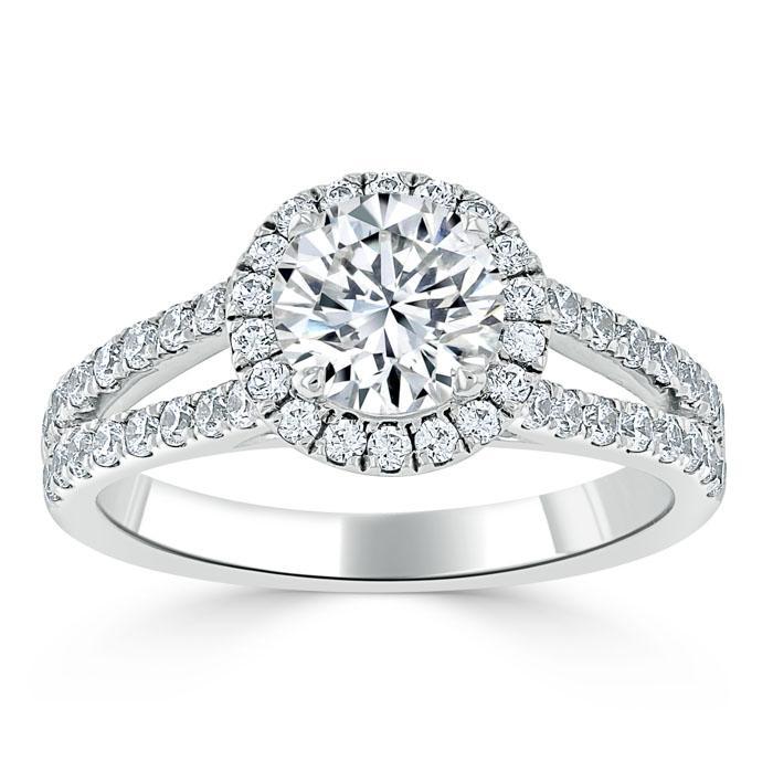 1.35 CT Round Shaped Moissanite Halo & Split Shank Engagement Ring - crownmoissanite