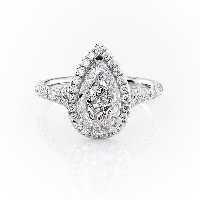 2.0 CT Pear Cut Halo Split Shank Style Moissanite Engagement Ring - crownmoissanite