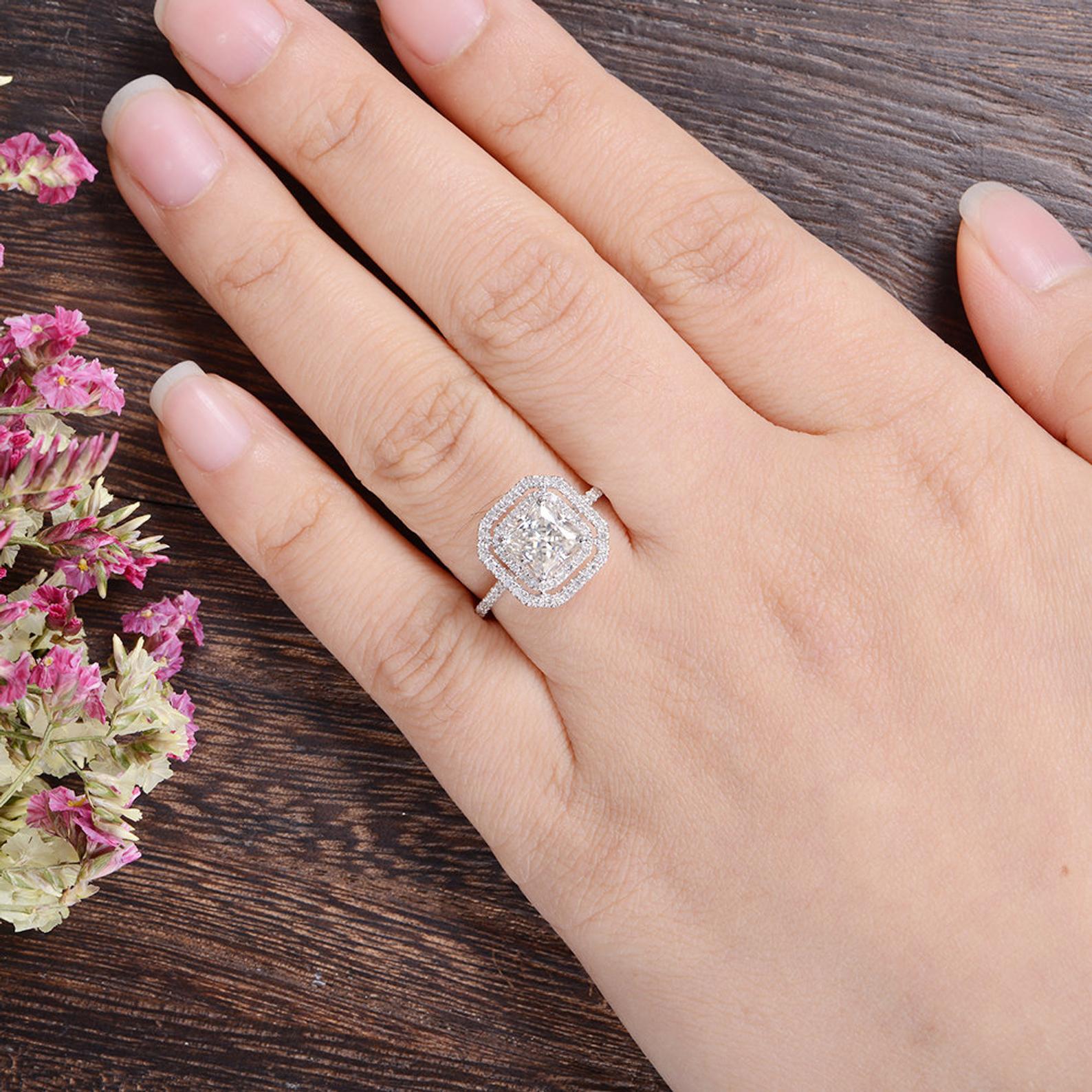 0.91 CT Radiant Cut Double Halo Moissanite Engagement Ring - crownmoissanite