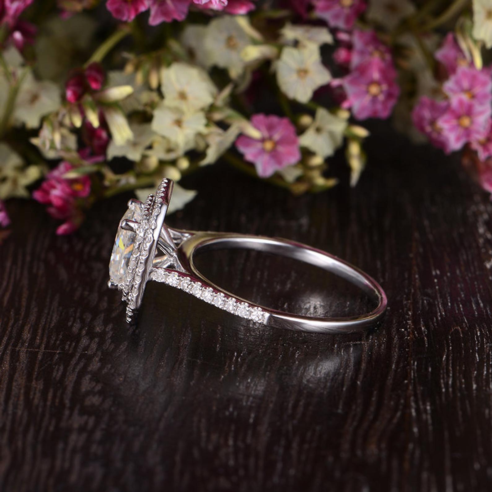 0.91 CT Radiant Cut Double Halo Moissanite Engagement Ring - crownmoissanite