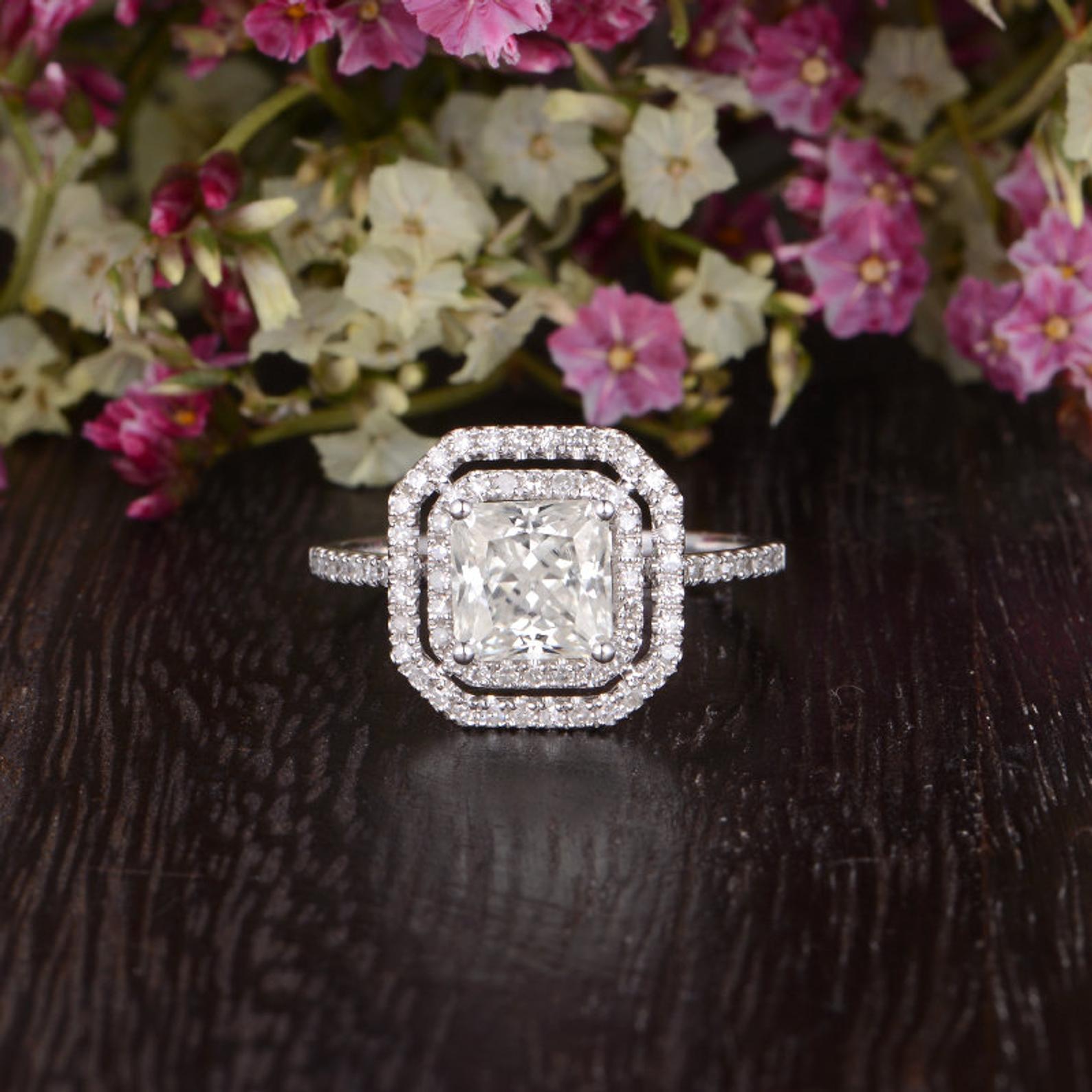 0.91 CT Radiant Cut Double Halo Moissanite Engagement Ring - crownmoissanite
