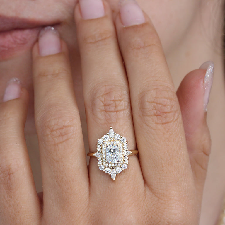 0.70 CT Radiant Moissanite Double Halo Setting Engagement Ring