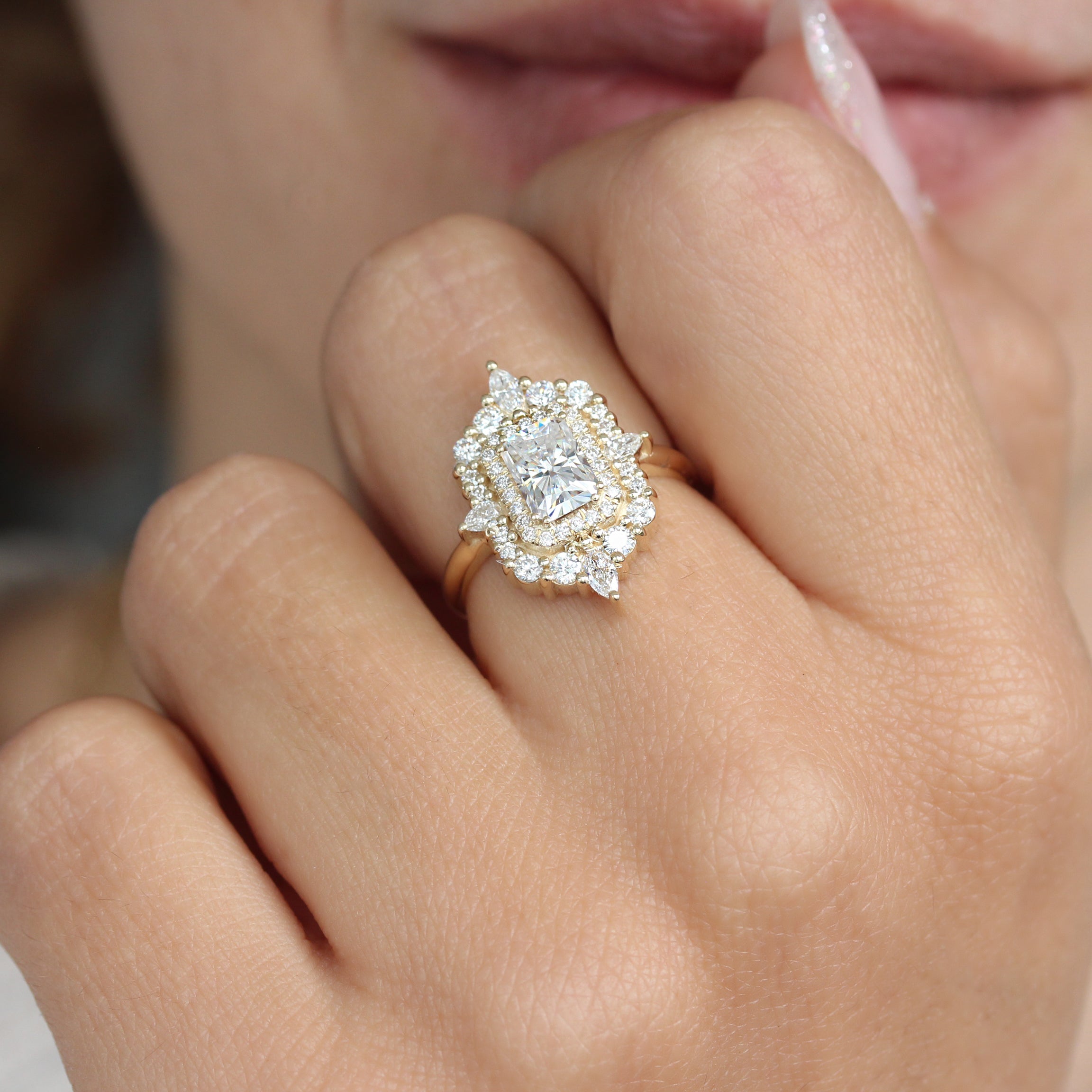 0.70 CT Radiant Moissanite Double Halo Setting Engagement Ring