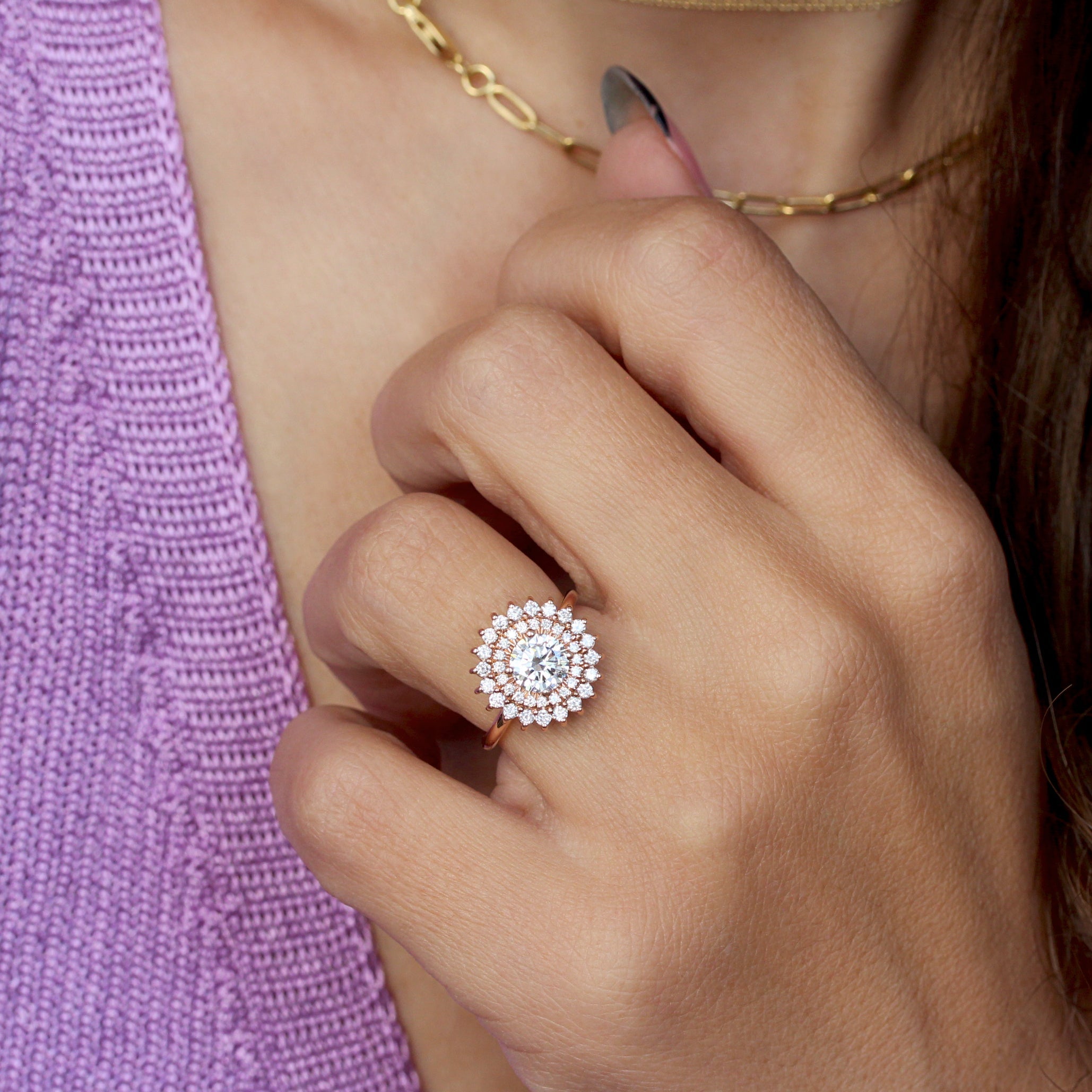 1.0 CT Round Moissanite Double Halo Engagement Ring