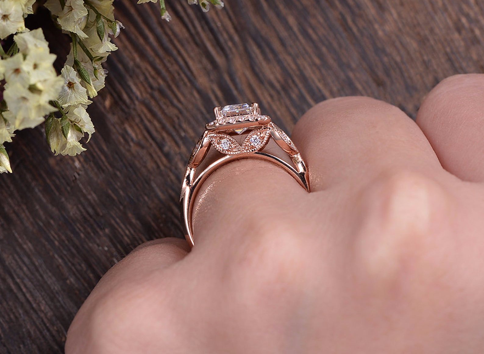 1.0 CT Emerald Shaped Moissanite Halo Engagement Ring - crownmoissanite