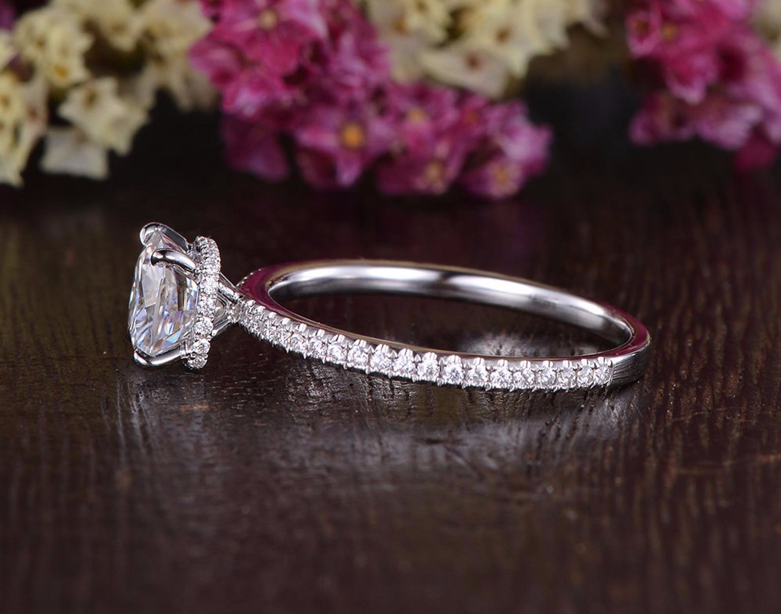 0.75 CT Cushion Hidden Halo Pave Moissanite Engagement Ring - crownmoissanite