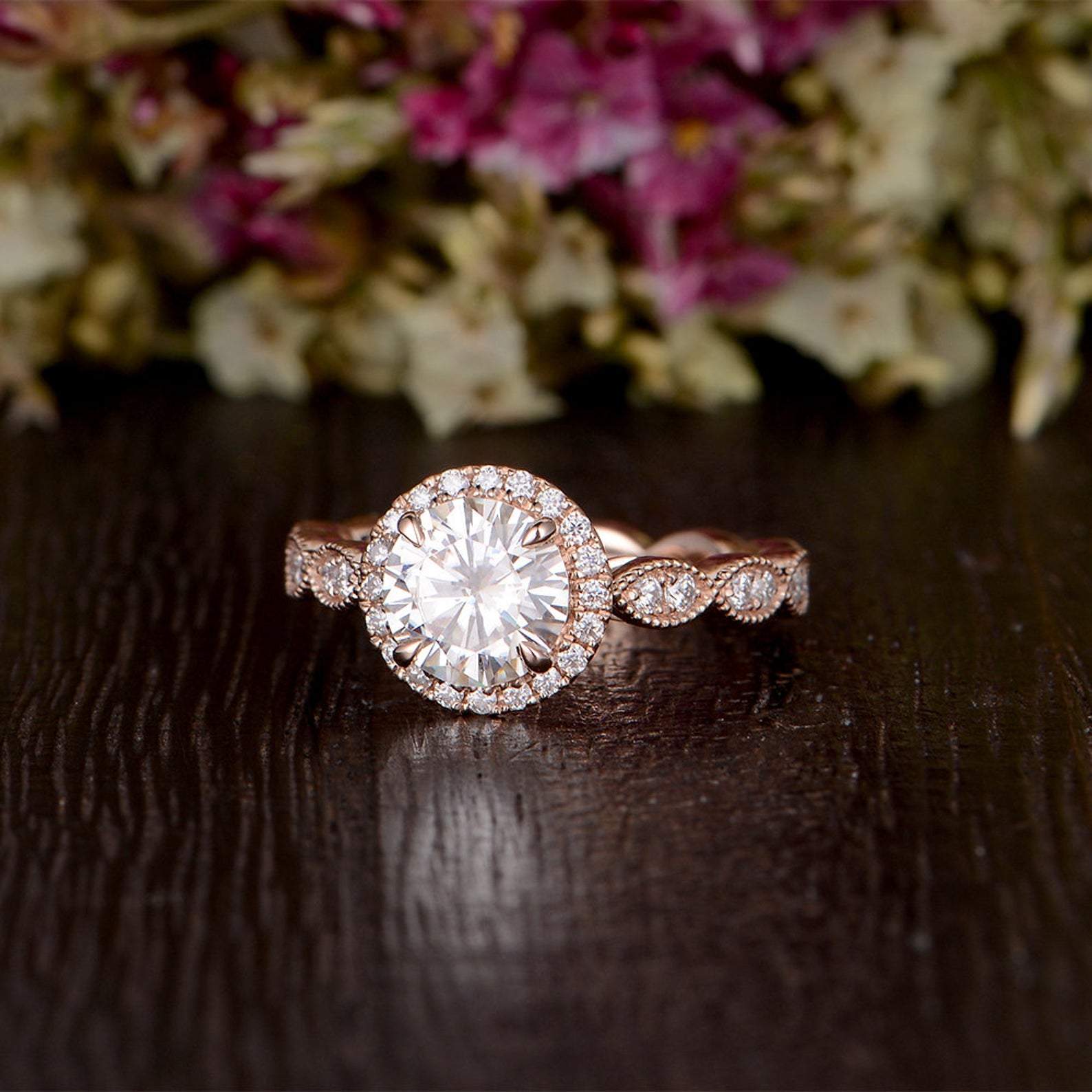 1.60 CT Round Cut Halo Milgrain Style Moissanite Engagement Ring - crownmoissanite