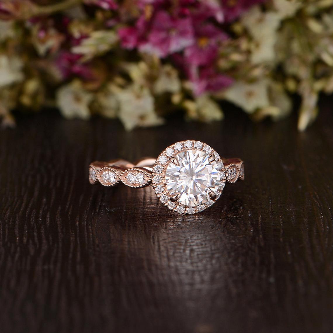 1.60 CT Round Cut Halo Milgrain Style Moissanite Engagement Ring - crownmoissanite
