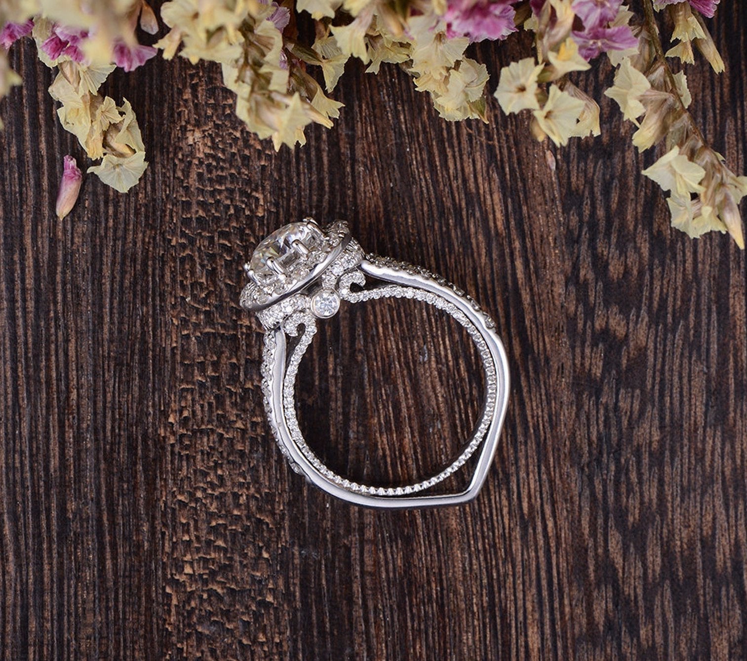 1.60 CT Round Cut Halo Split Shank Setting Moissanite Engagement Ring - crownmoissanite