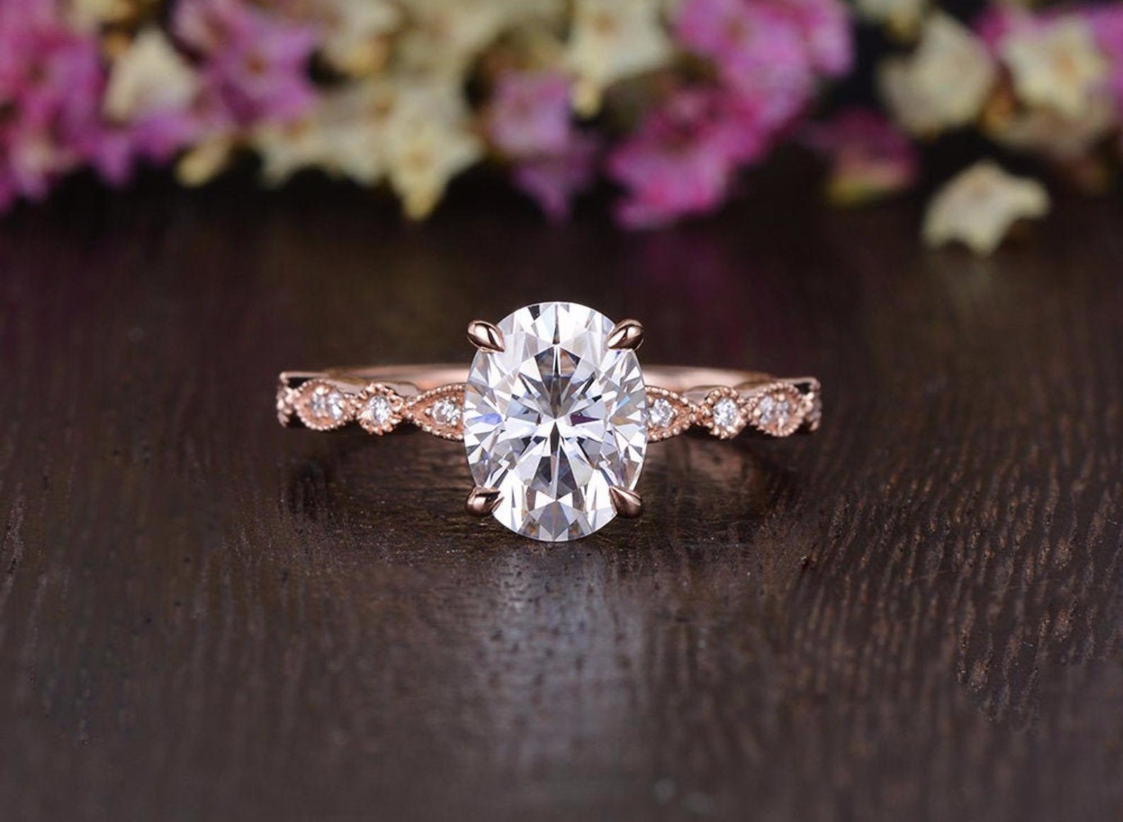 0.75 CT Oval Milgrain Pave Setting Moissanite Engagement Ring - crownmoissanite