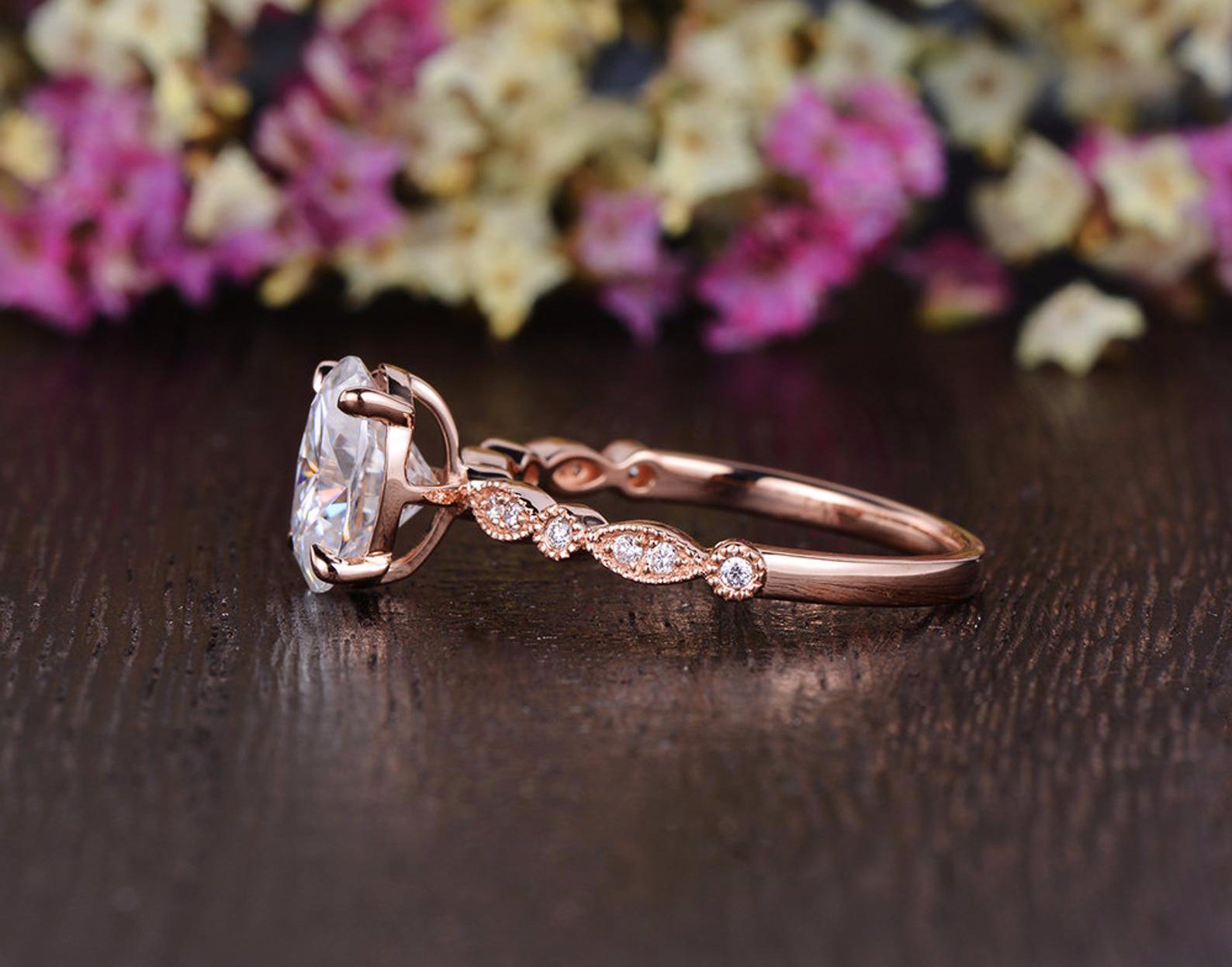 0.75 CT Oval Milgrain Pave Setting Moissanite Engagement Ring - crownmoissanite