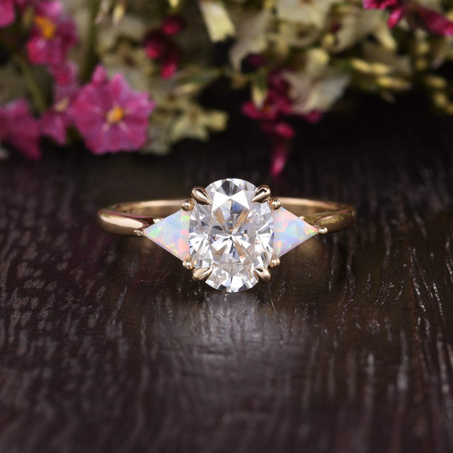 0.75 CT Oval Three Stone Moissanite Engagement Ring - crownmoissanite