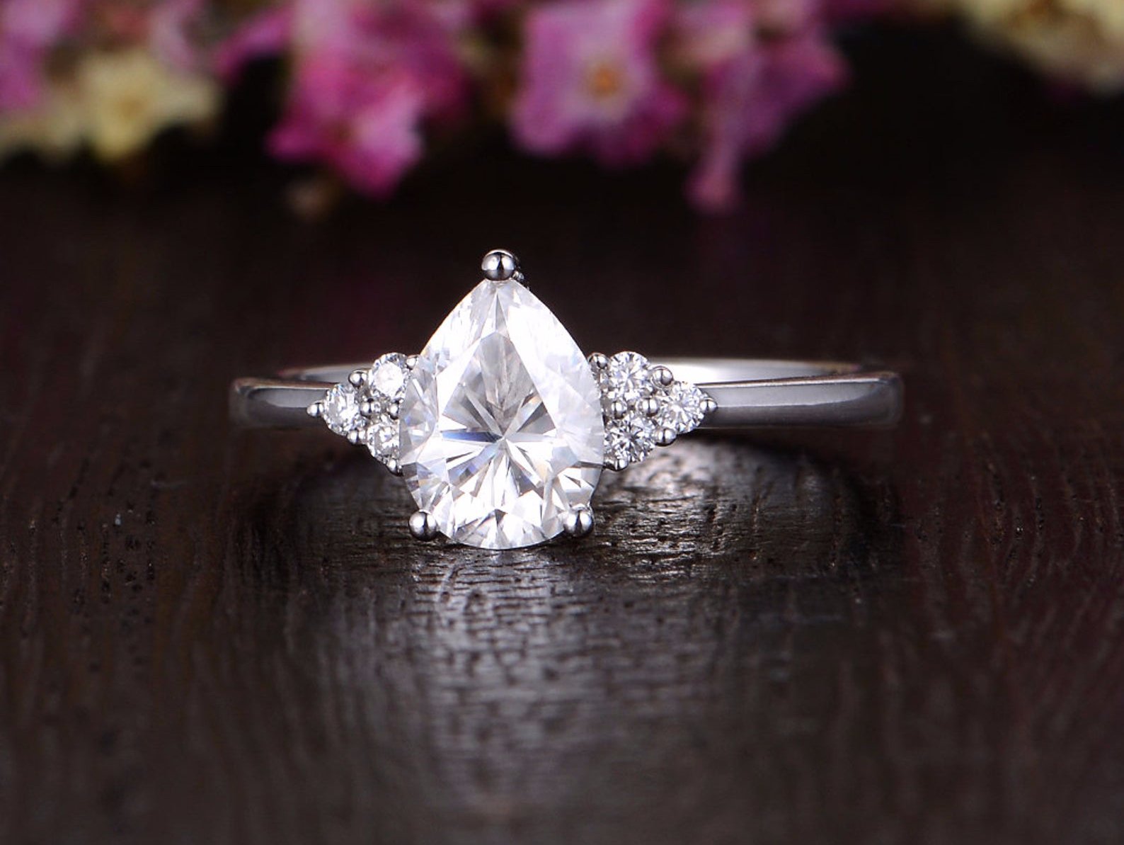 0.75 CT Pear Shaped Moissanite Cluster Engagement Ring - crownmoissanite
