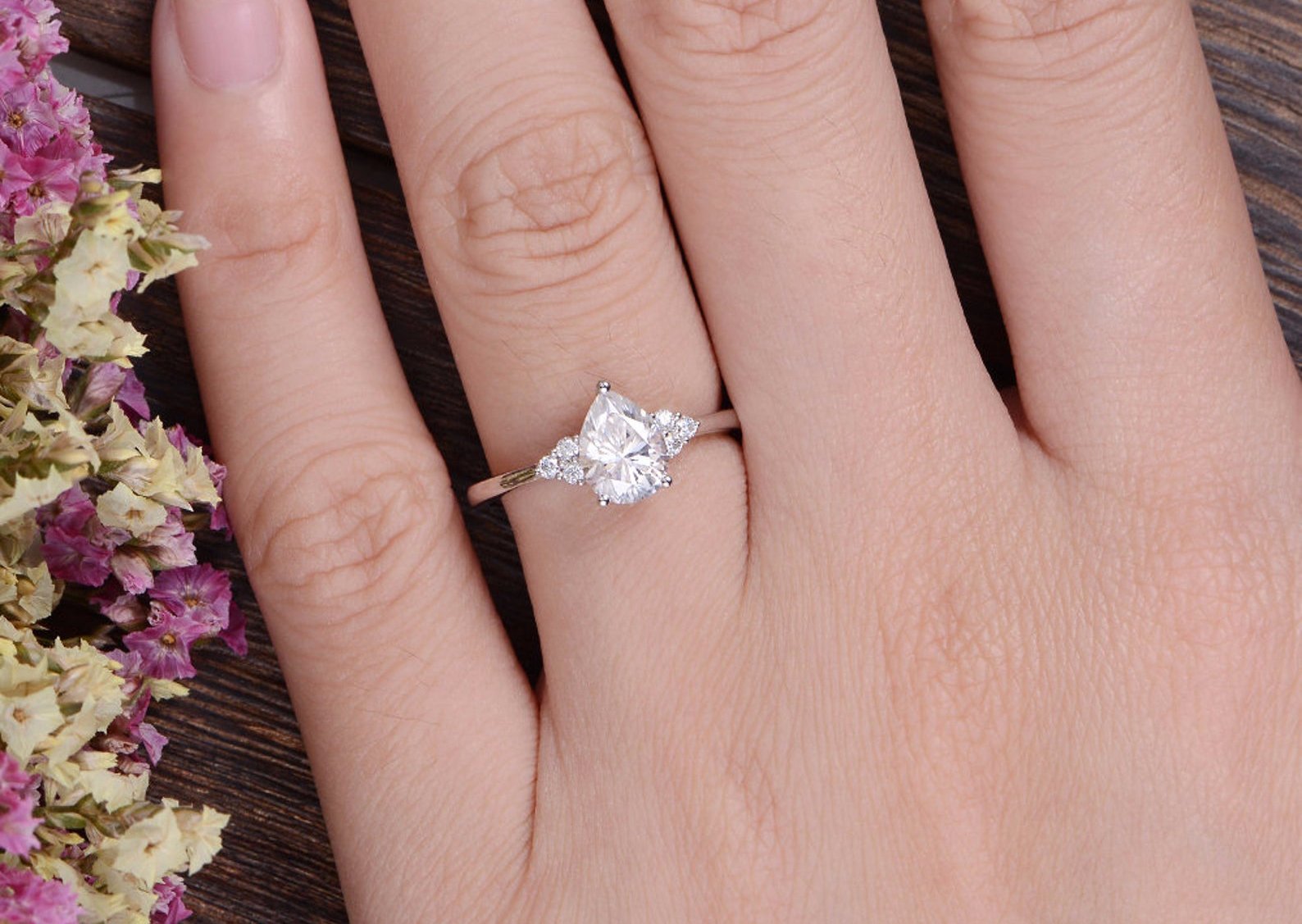 0.75 CT Pear Shaped Moissanite Cluster Engagement Ring - crownmoissanite
