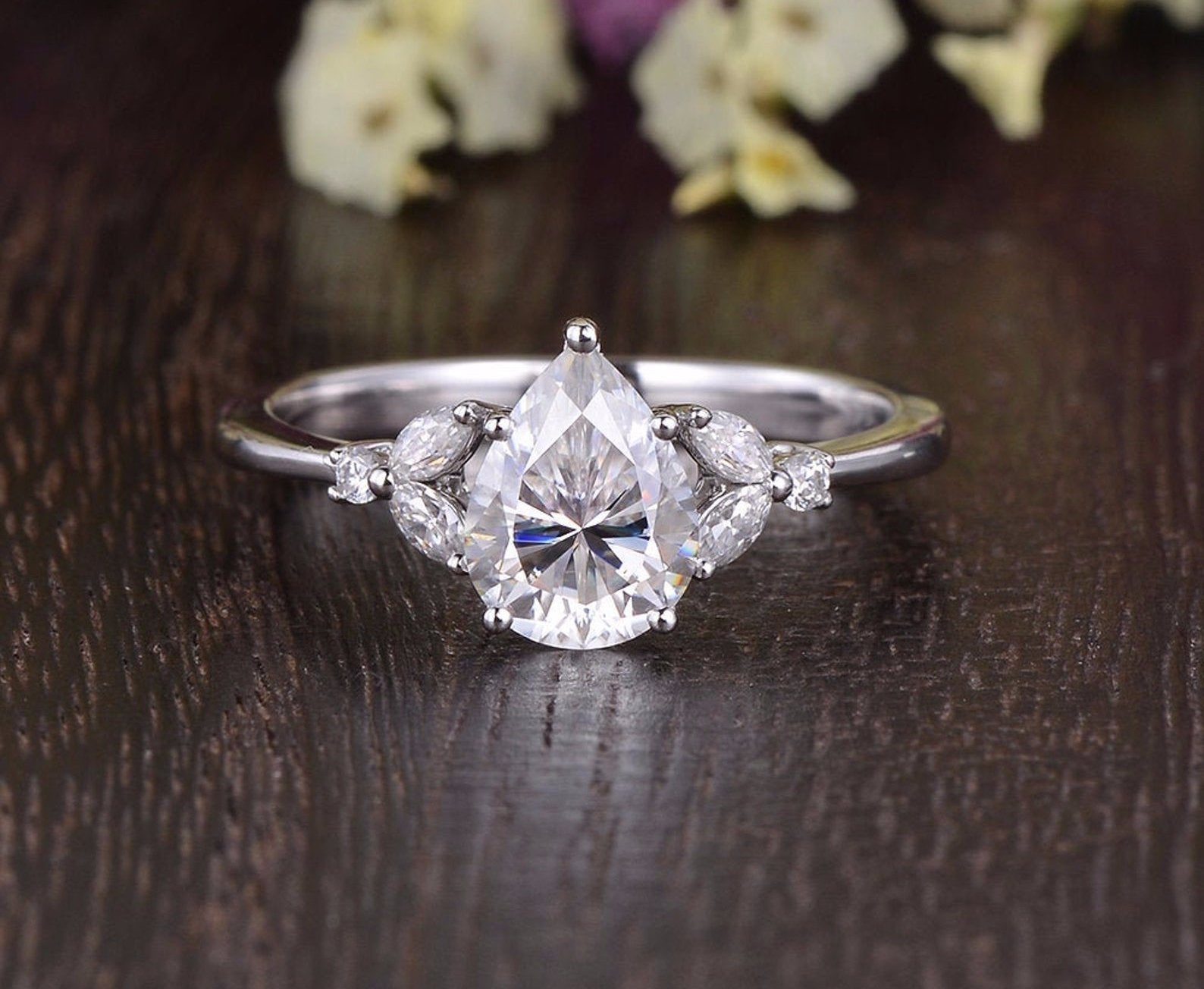 0.75 CT Pear Shaped Moissanite Cluster Engagement Ring - crownmoissanite