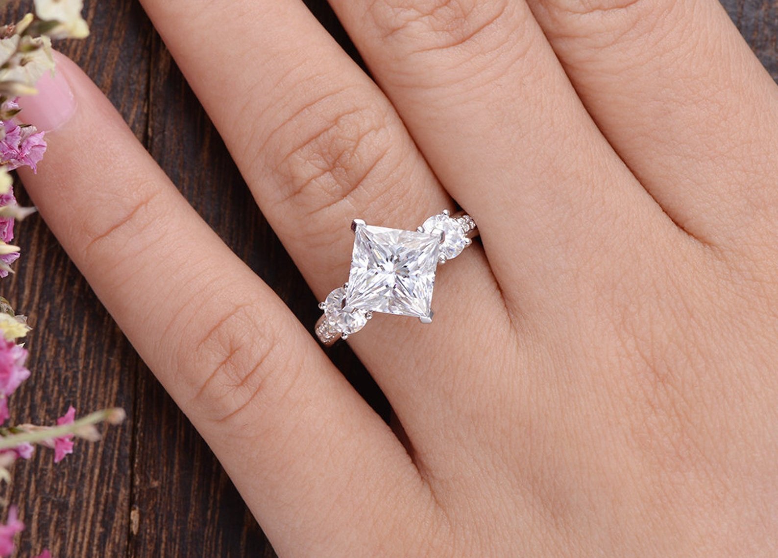 2.08 CT Princess Cut Three Stone Moissanite Engagement Ring - crownmoissanite
