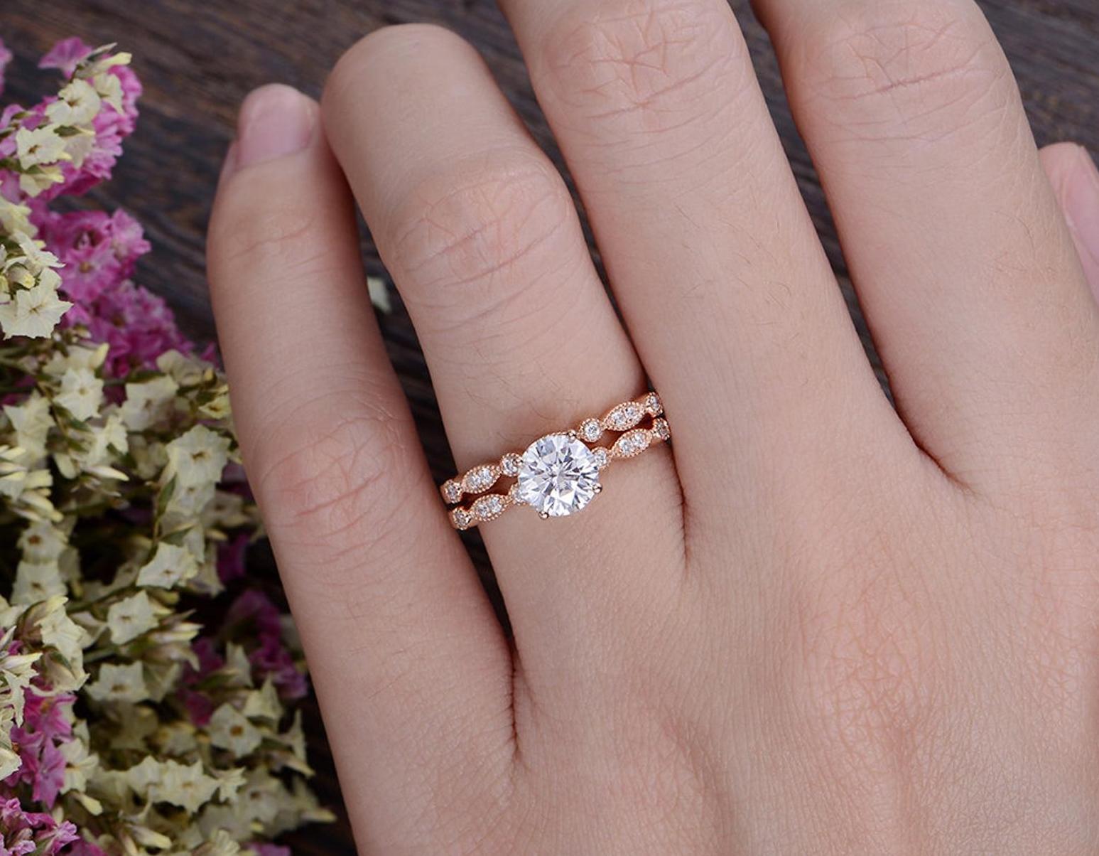 1.0 CT Round Cut Solitaire Milgrain Style Moissanite Bridal Ring Set - crownmoissanite
